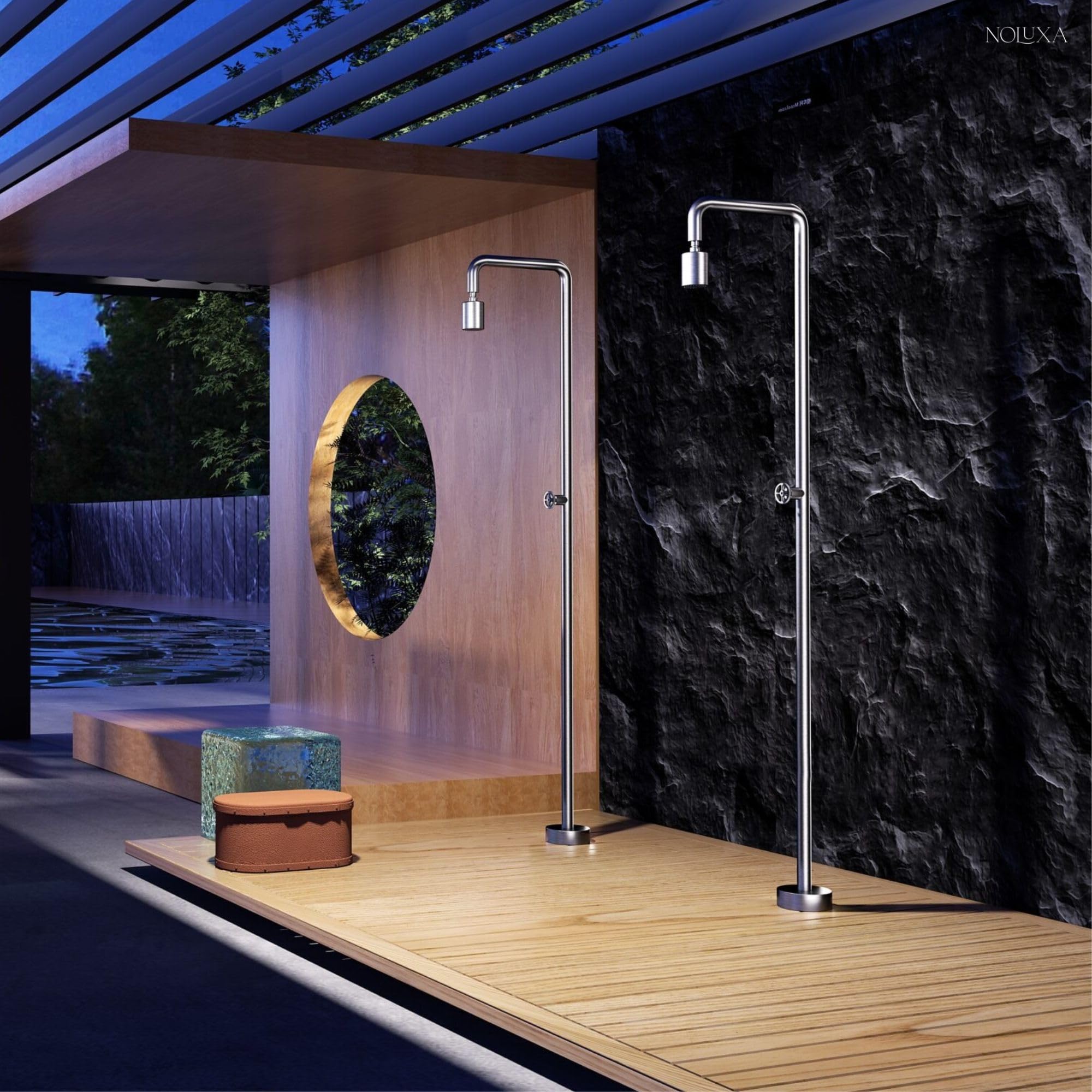 NOLUXA IMEX - Ducha Piscina Exterior Acero S.316 | Ducha Empotrada Suelo para Jardín, Piscina y Terraza | Grifería 1 vía (Agua Fría) con Rociador y Tratamiento Anticorrosión | Serie Pool