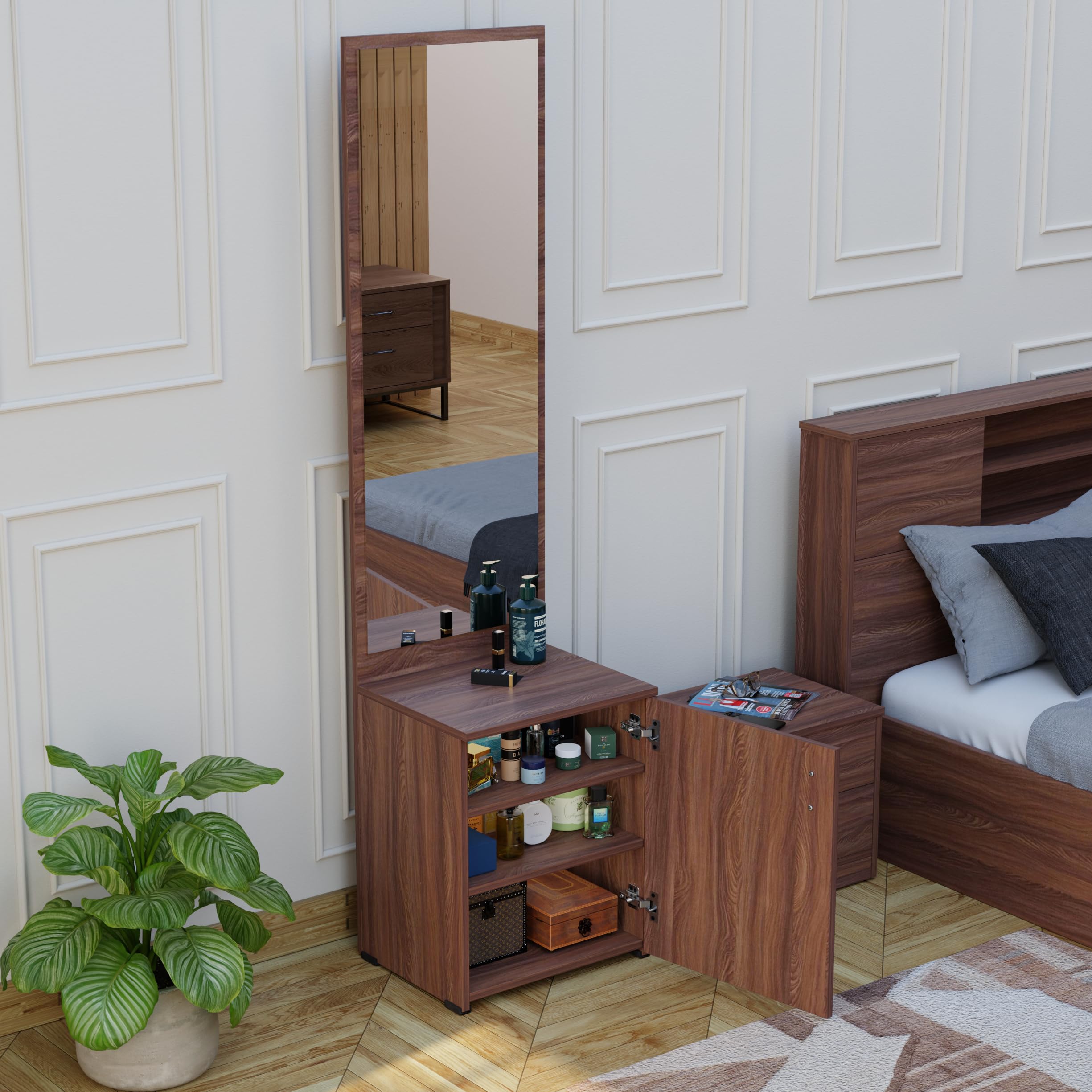 FURNIFLIX Engineered Wood Dressing Table with Mirror Dressing Table with Storage Vanity Table for Bedroom Living Room Home - Walnut Finish-image-19