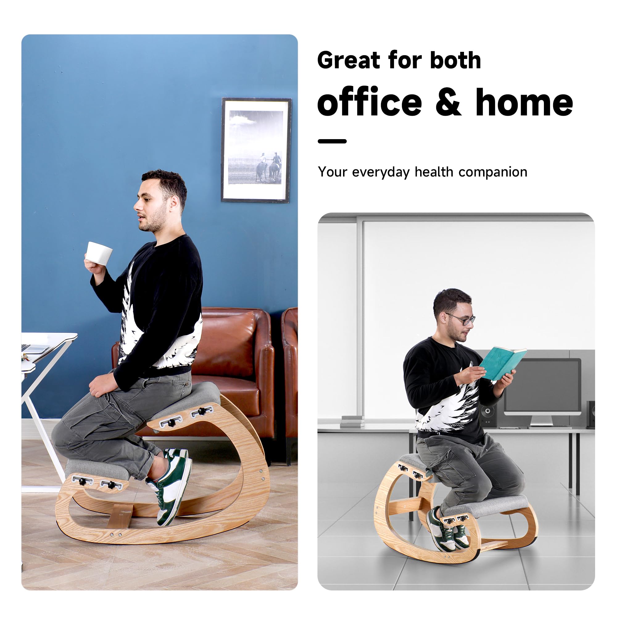 Silla reclinable para la rodilla, mecedora ergonómica de madera, mejora tu postura con un asiento en ángulo para el hogar, la oficina