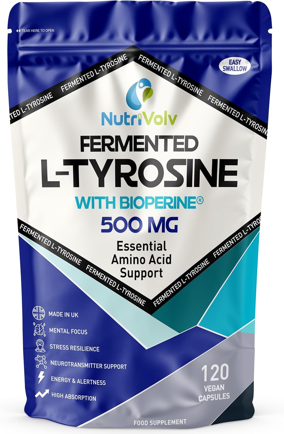 Fermented L-Tyrosine 500mg with BioPerine® | 120 Capsules | Essential Amino Acid Support | 4 Month Supply | Supports Dopamine, Focus & Mental Clarity | Vegan, Non-GMO & UK Made | by NutriVolv