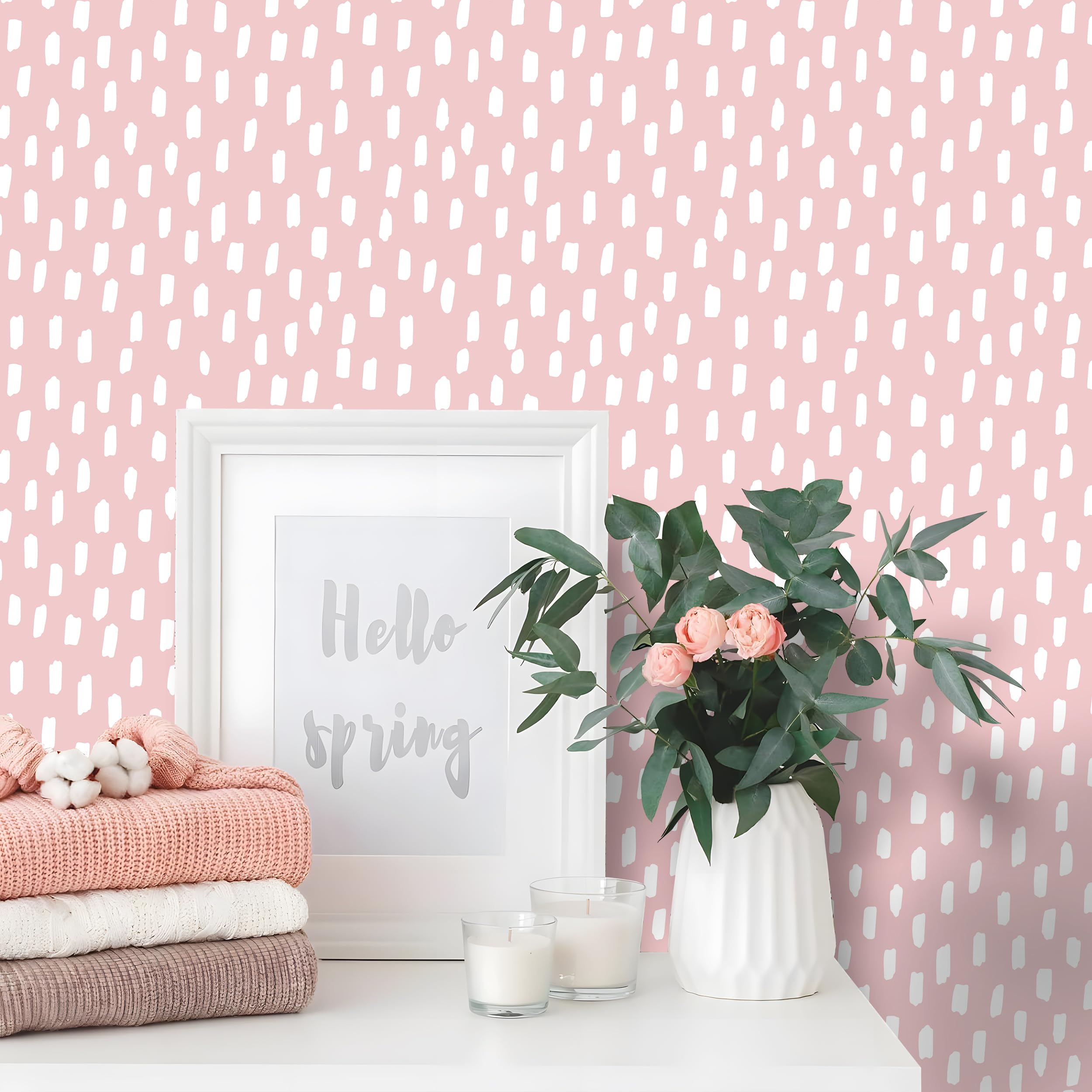 HAOKHOME Pink Wallpaper Self Adhesive Boho Modern Dots Wall Paper Removable for Bathroom Living Room Pink/White Contact Paper 3m x 44cm