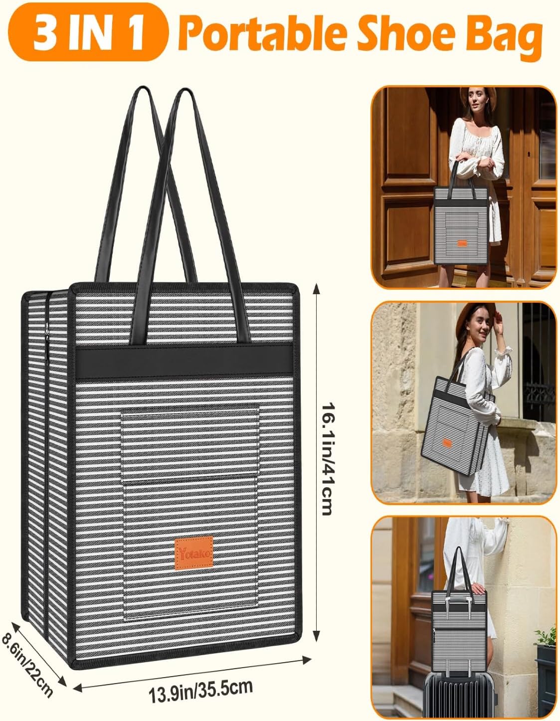 Yotako Shoe Bag for Travel with Leathers Handle-Portable Shoe Organizer with Pockets,3 in 1 Hanging Luggage Shoe Storage Bag,Travel Shoe Bag for Women Men Fit 6 PCS Shoes,Stripe - Image 5