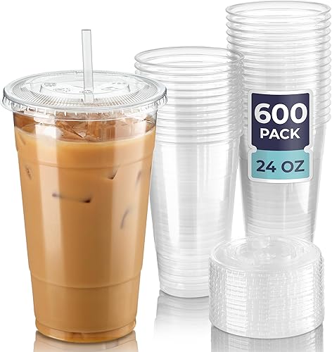 Paquete de 600 Vasos de plástico transparente de 24 onzas con tapas planas, tazas desechables para café helado, sin BPA, taza de batido de cristal