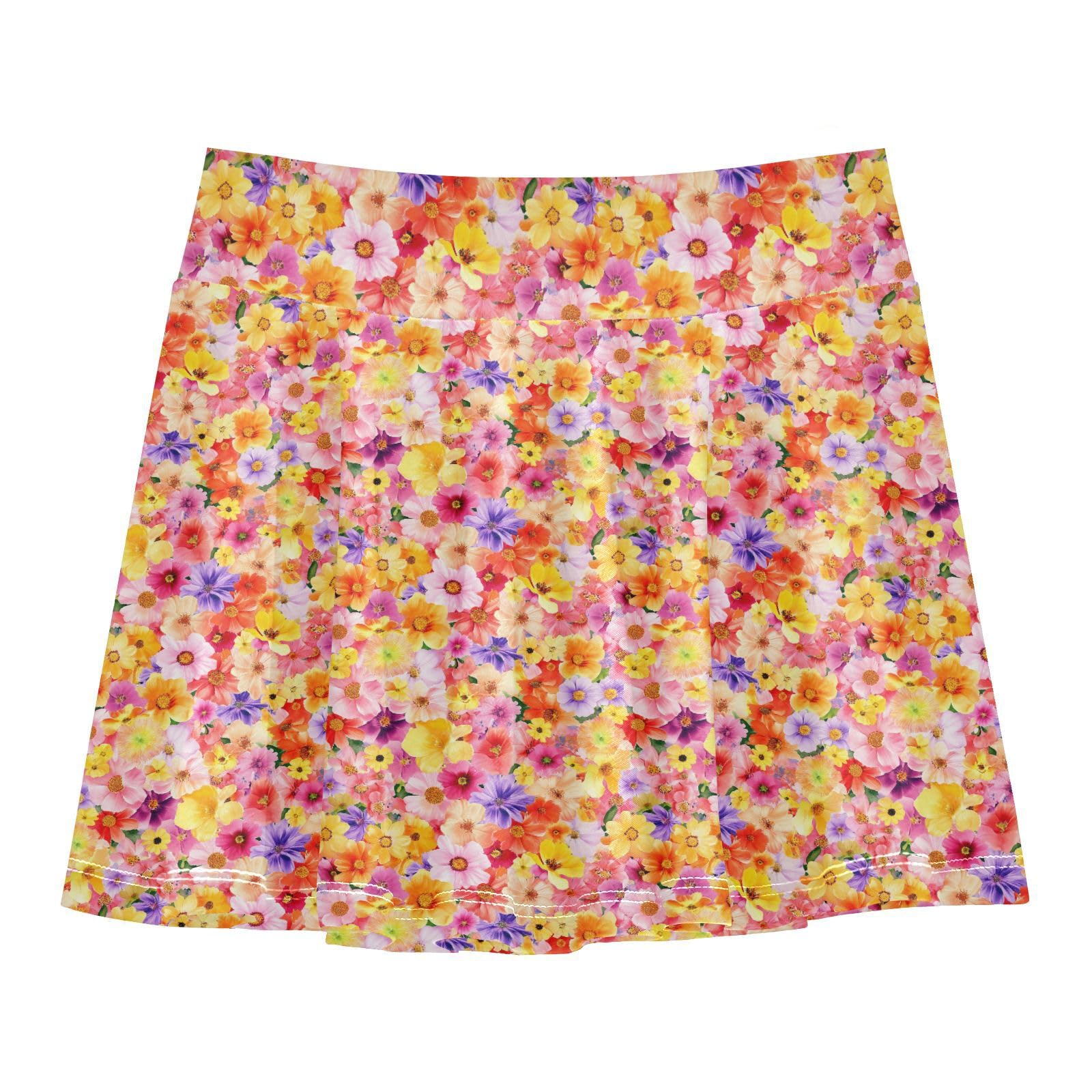 Colored Flowers Flowy Girls Athletic Skirt with Shorts Cheer Skirts Little Girls Golf SkirtsWith Pockets