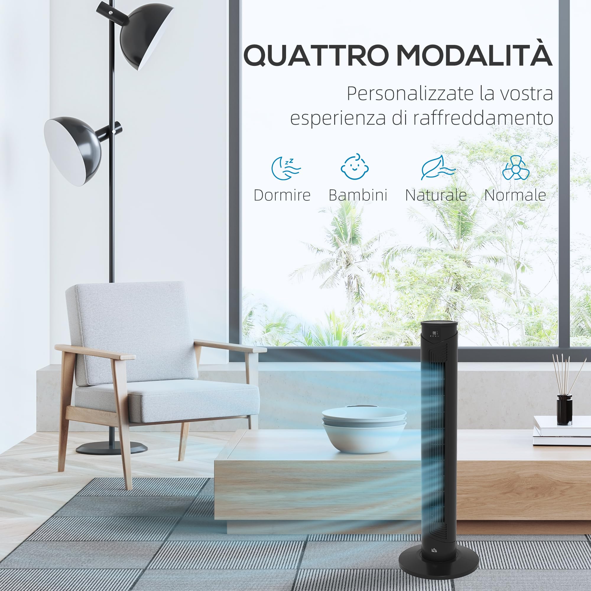 HOMCOM Ventilatore a Torre 45W a 4 Modalità e 3 Velocità con Timer da 12h, Ventilatore da Terra in ABS con Telecomando e Filtri dell'Aria, Ø31.5x93 cm, Nero