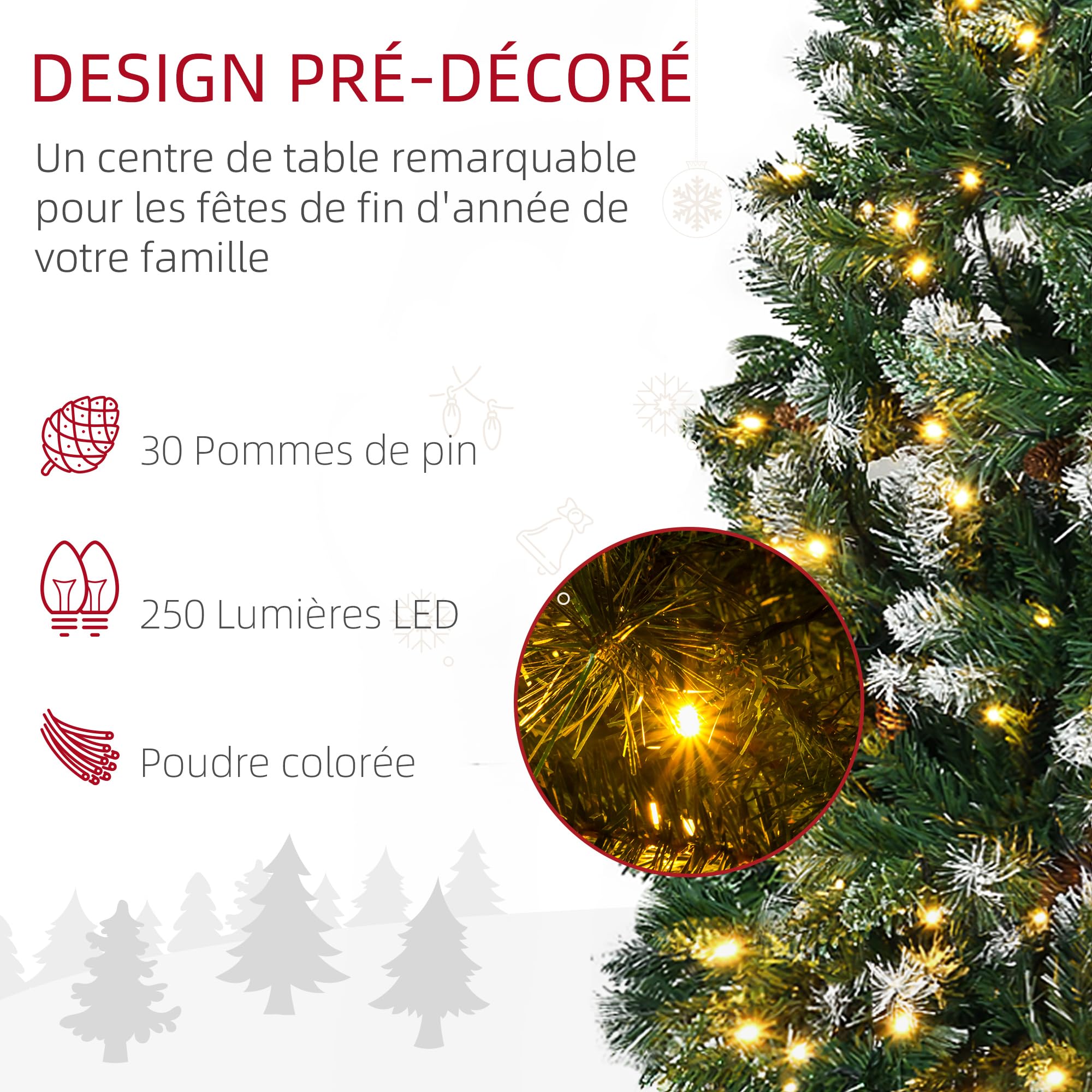 HOMCOM Sapin De Noël Artificiel Lumineux 180 cm 703 Branches 250 LED Vert | 30 Pommes De Pin, Support Pied Pliable, Ø 80