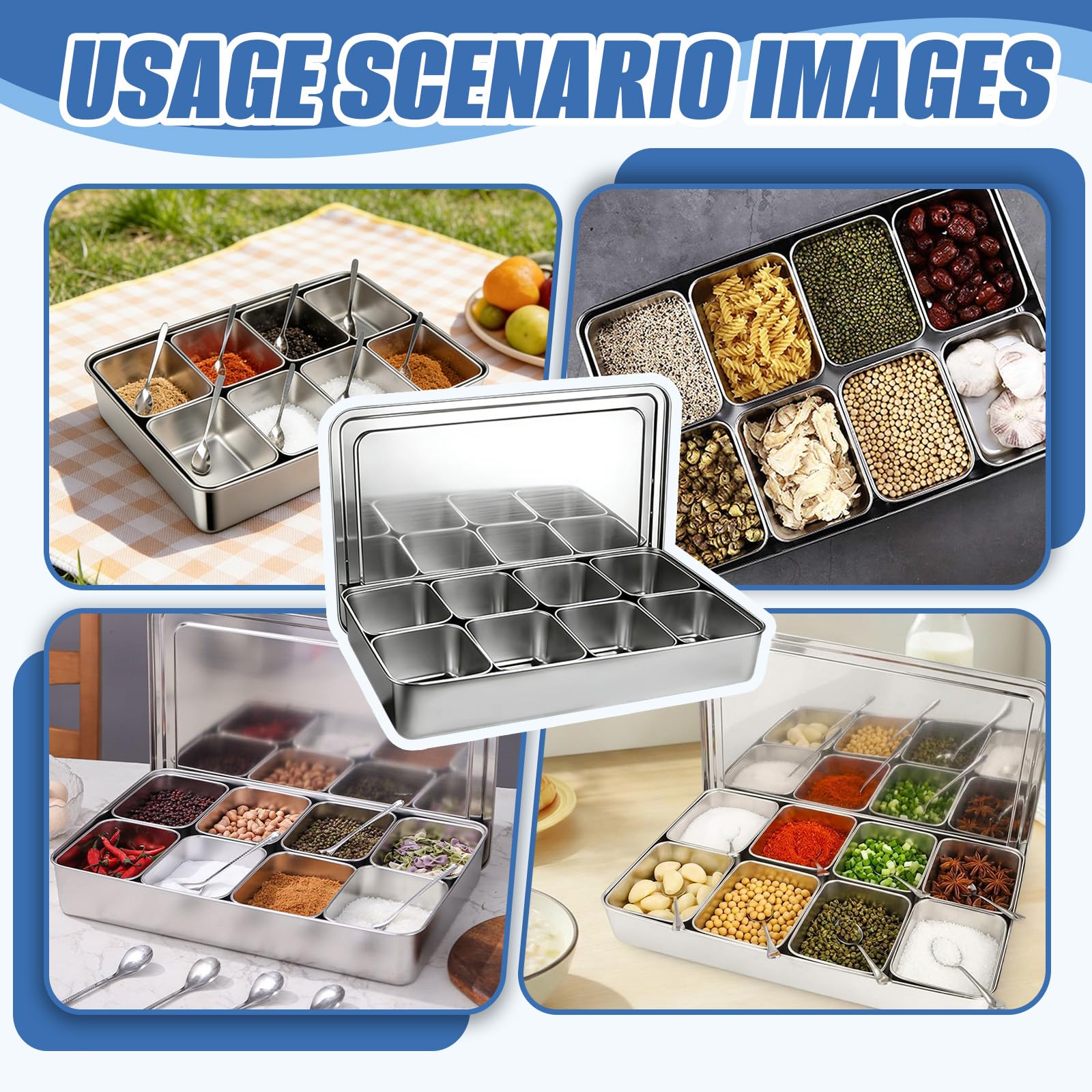 Scatola per Spezie con 8 Griglie, Scatola di Condimento per Pizza in Acciaio Inox Estraibili con Coperchio e Cucchiai, Portacondimenti per la Cucina di Casa, per Conservare Pepe, Sale e Zucchero
