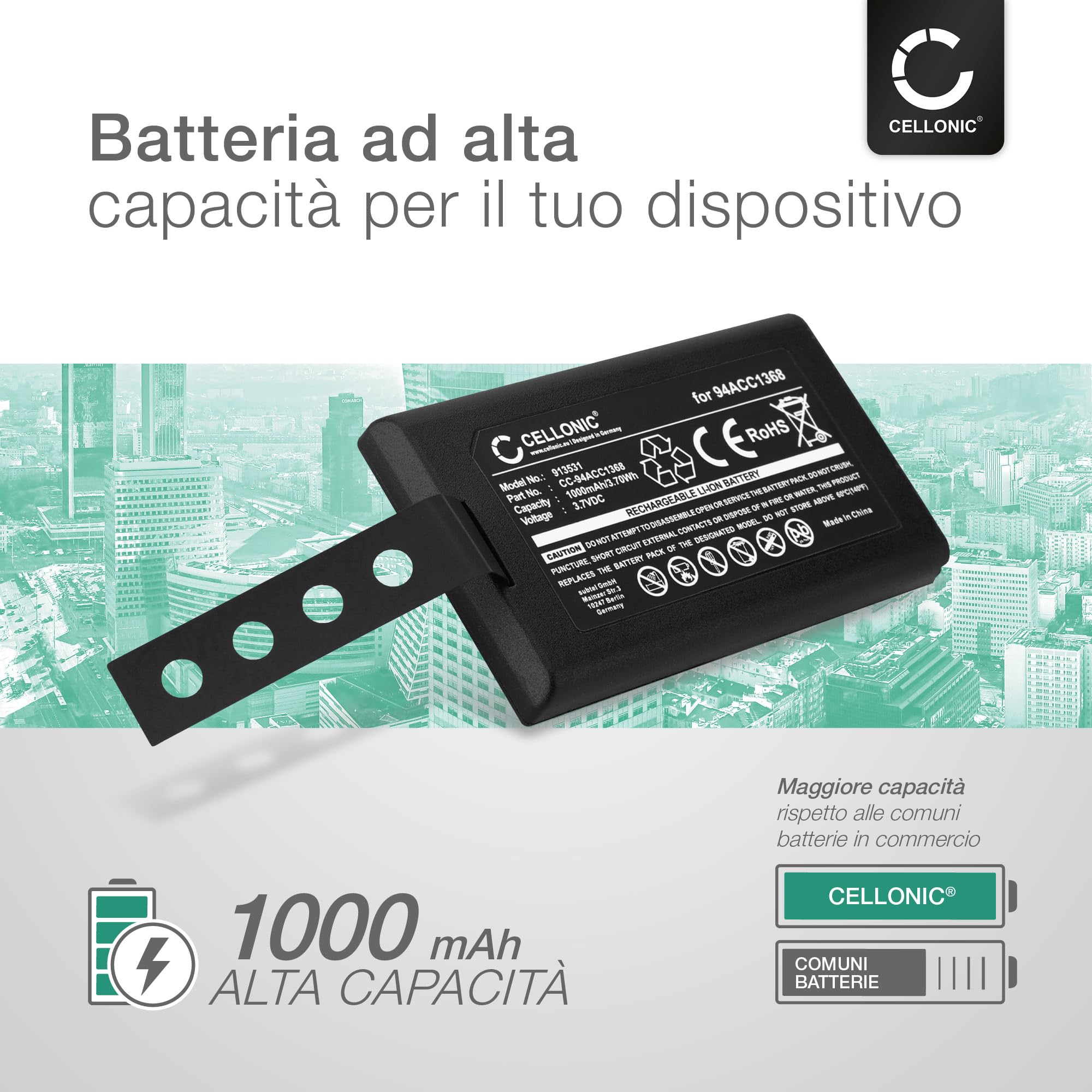 CELLONIC, Batteria per lettore codice a barre compatibile con Datalogic CVR2, Memor Mobile Computer (1000mAh, 3.7V)