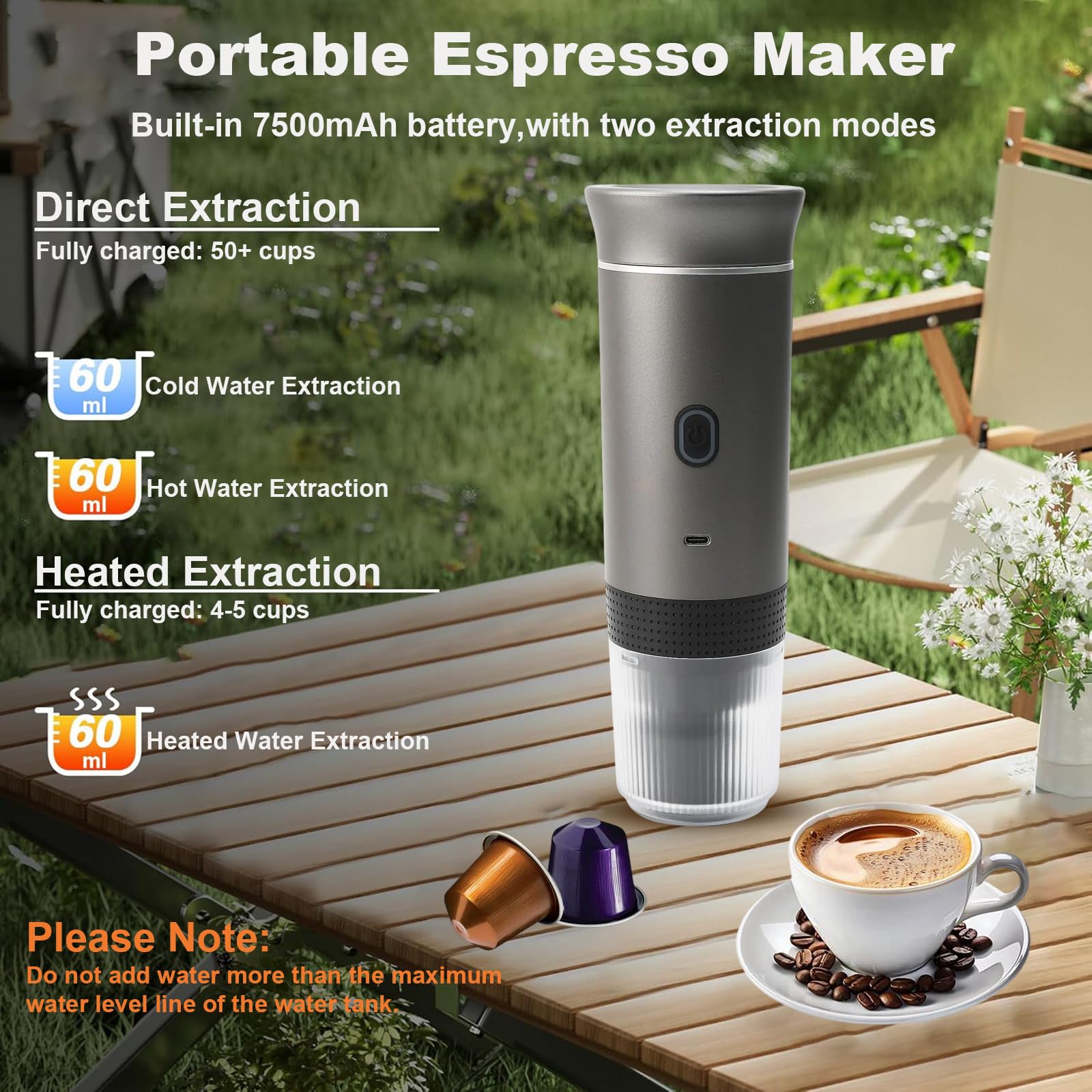 Máquina de café expreso portátil,Cafetera Cápsula de Espresso 3 en 1 | 15 bar,7500mAh,Autocalentamiento,compatible con cápsulas Nes y DG y café molido,para Oficina Viaje Camping(con bolsa)