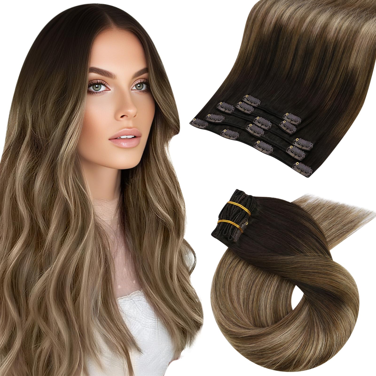Moresoo Clip in Hair Extensions Ombre Dark Brown to Dark Ash Blonde with Blonde Balayage Hair Extensions Clip in Human Hair Double Weft 5pcs/80g