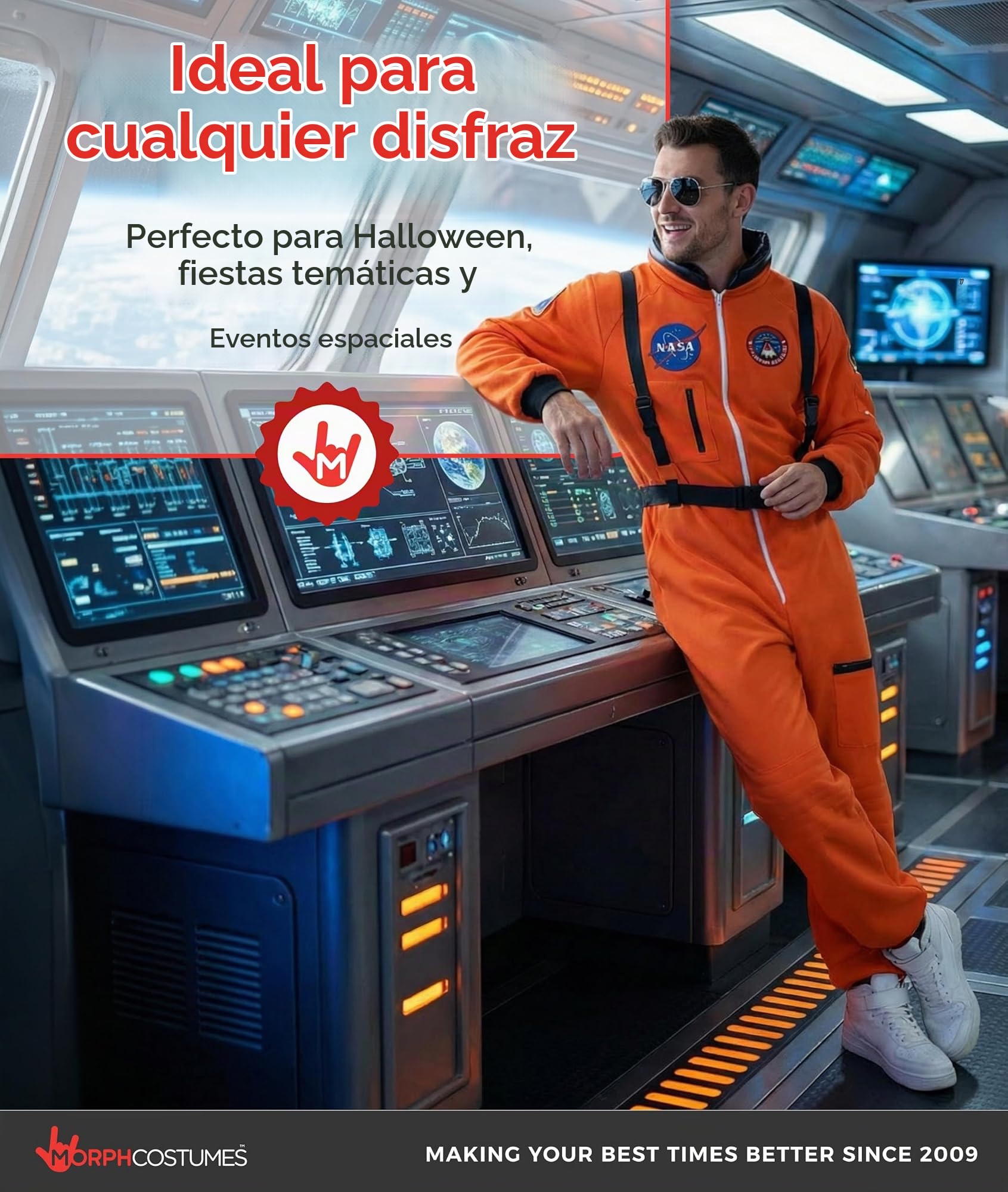Morph Disfraz Astronauta Adulto, Mono Espacial Halloween Hombre | Mono con Tirantes, Hombreras & Parches Bordados, Estilo Espacial, Perfecto para Halloween, Ideal para Disfrazarse