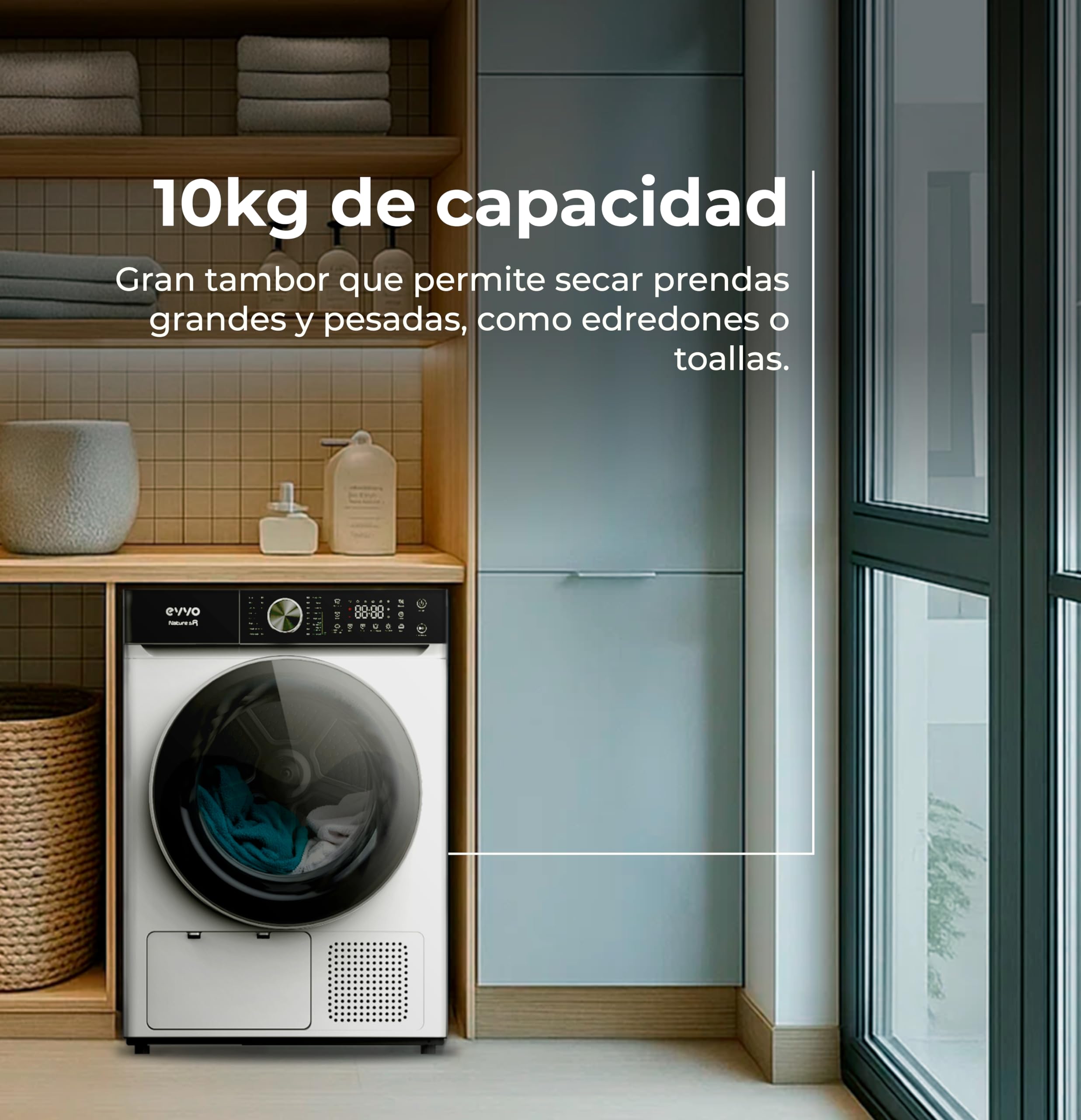 EVVO Secadora Bomba de Calor NATURE SR - Capacidad 10 Kg, Bomba Calor, Efic. Energética E, Secadora Condensación, Sensor Humedad, Antiarrugas, Inicio Diferido, 16 Programas, Bajo Consumo (Blanca)