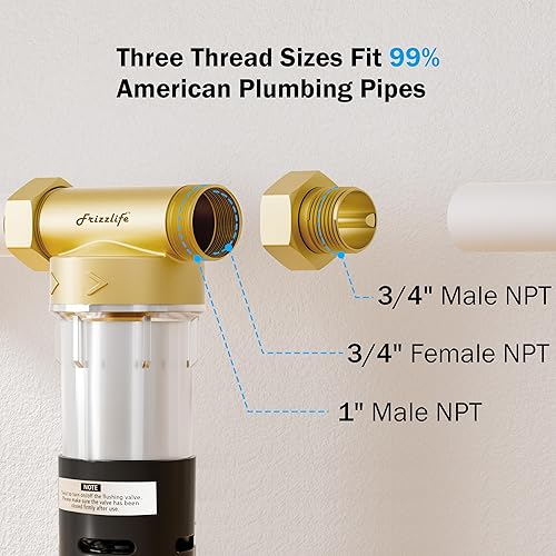Miniatura 7 de Frizzlife JB40-100 Filtro de sedimento giratorio de doble cartucho, prefiltro de agua para toda la casa, 100 y 40 micrones reutilizable, raspador