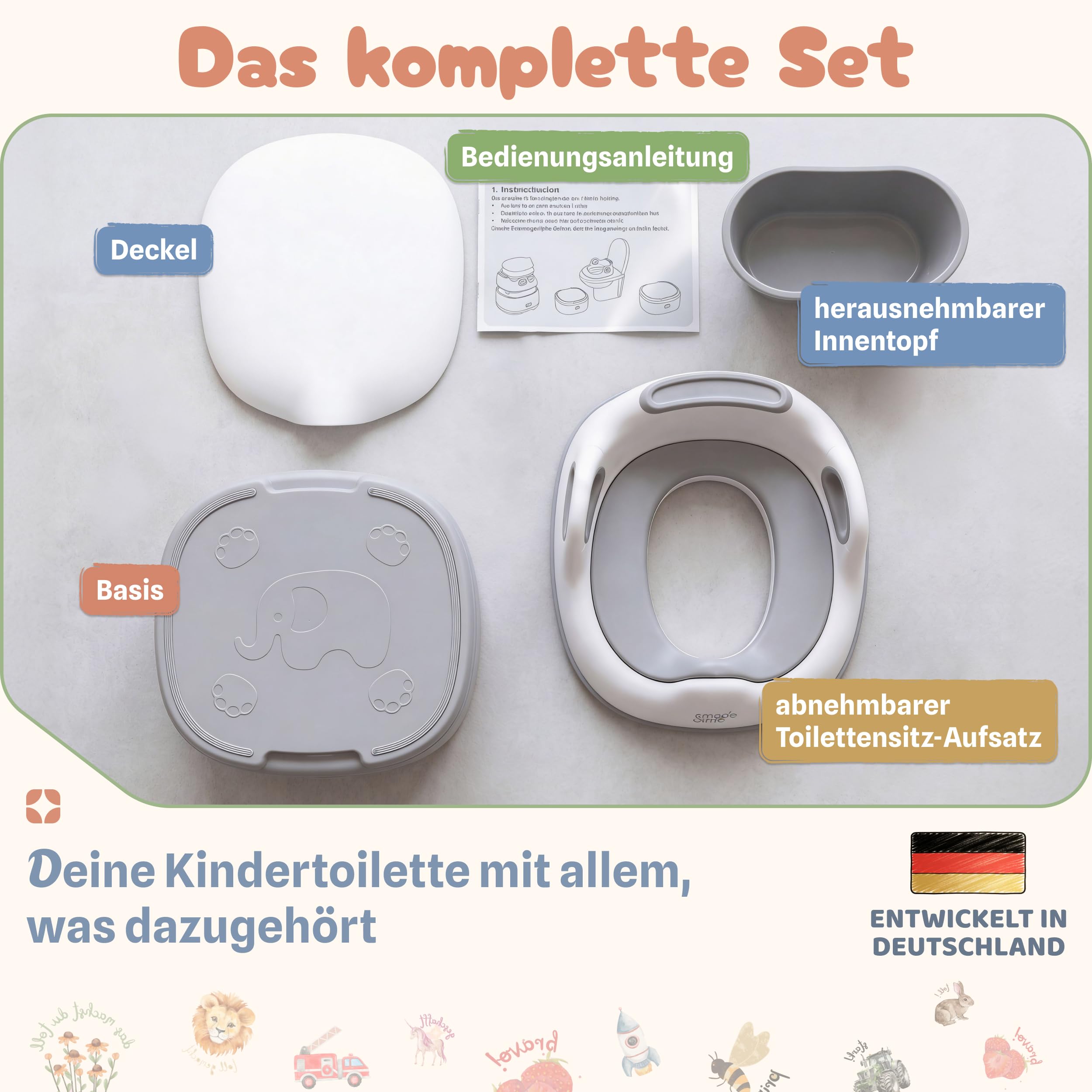 Töpfchen für Kinder 3-in-1 mit Toilettensitz & Tritthocker – Töpfchentraining Set für Kleinkinder – rutschfest & stabil bis 60 kg mitwachsend herausnehmbarer Innentopf – BPA frei (grau)