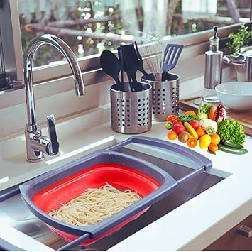 Collapsible Silicone Colander Space-Saving Foldable Strainer for Pasta, Vegetables & Fruits Large 6 Qt Kitchen Strainer, Heat-Resistant, BPA-Free & Dishwasher Safe |RED
