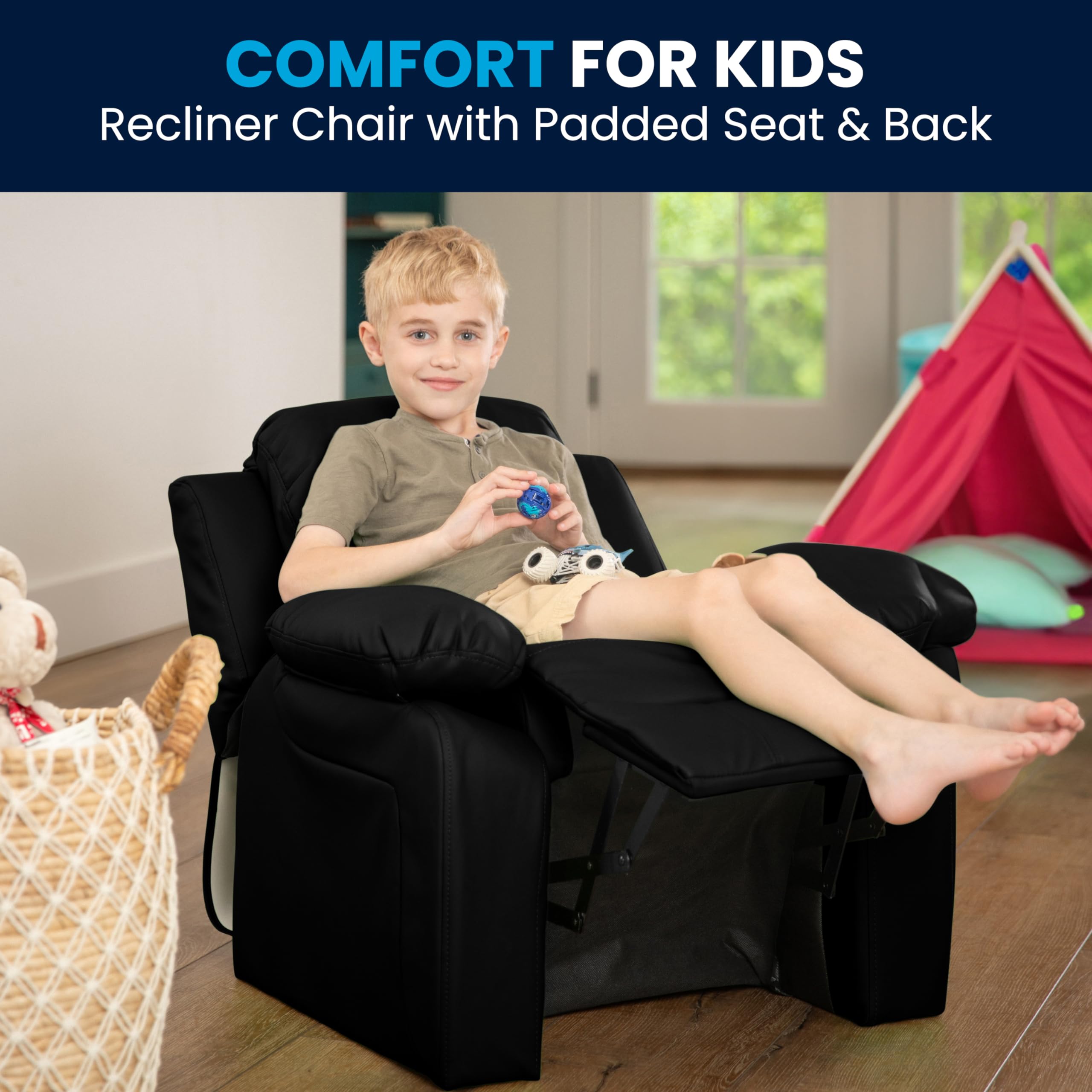 Flash Furniture Deluxe Padded Contemporary Kids Recliner with Storage Arms, Leather, Black, 66.04 x 53.34 x 53.34 cm