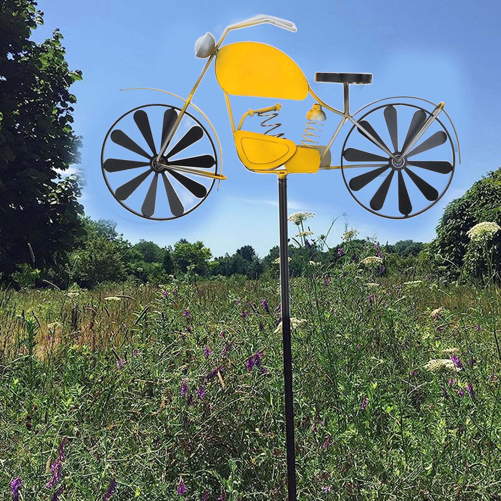 Motorcycle Garden Spinner Vintage Jaune Rustique - Sculpture De Vent Pour Jardin 550g