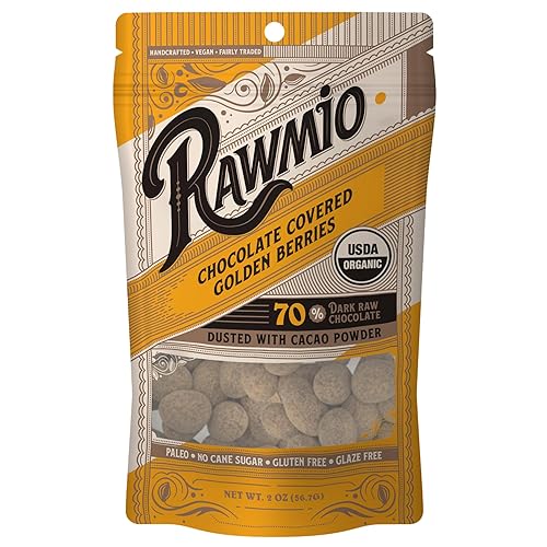 Rawmio Bayas doradas cubiertas de chocolate - Orgánico, crudo, vegano, 70% chocolate negro, 1 paquete, 2 onzas.