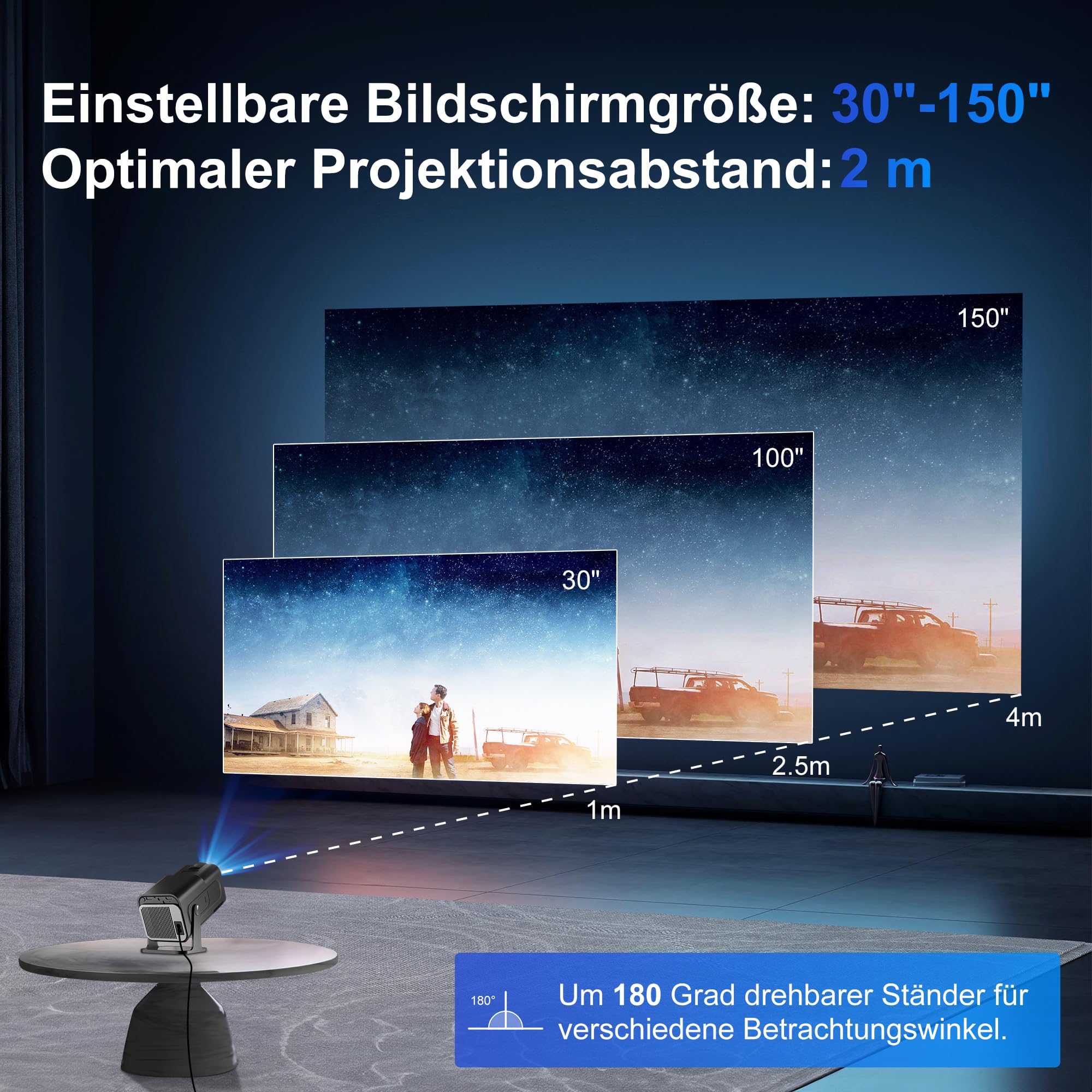 Mini Beamer,Native 1080P mit 4K Unterstützung,Projektor mit WiFi 6,BT5.0 Android 11.0 OS, 180 Grad Rotation Smart Full HD Beamer Heimkino,Klein Tragbarer LED Video Projector,Bluetooth