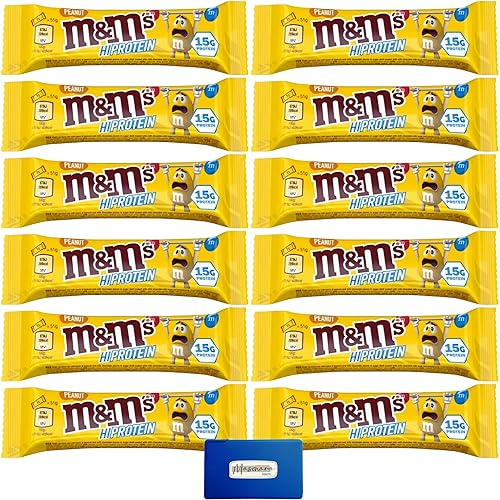 M&M's Protein Bar - Paquete de 12 barras de proteína de chocolate, barras de proteína Hi para aumento de peso, caramelo alto en proteínas, con