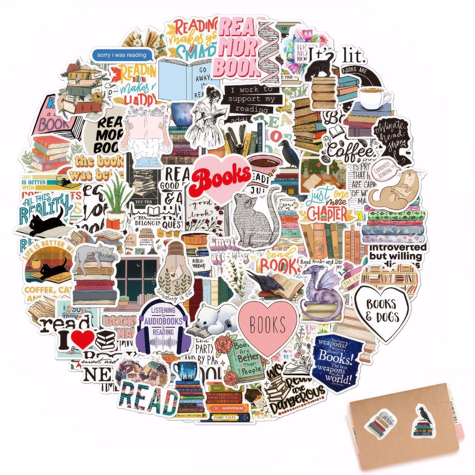 LINXINS 100PCS Book Stickers, Reading Motivational Positive Stickers, Waterproof Kindle Aesthetic Stickers for Reading Lovers, Vinyl Stickers for Water Bottles Book Laptops Scrapbook Skateboard