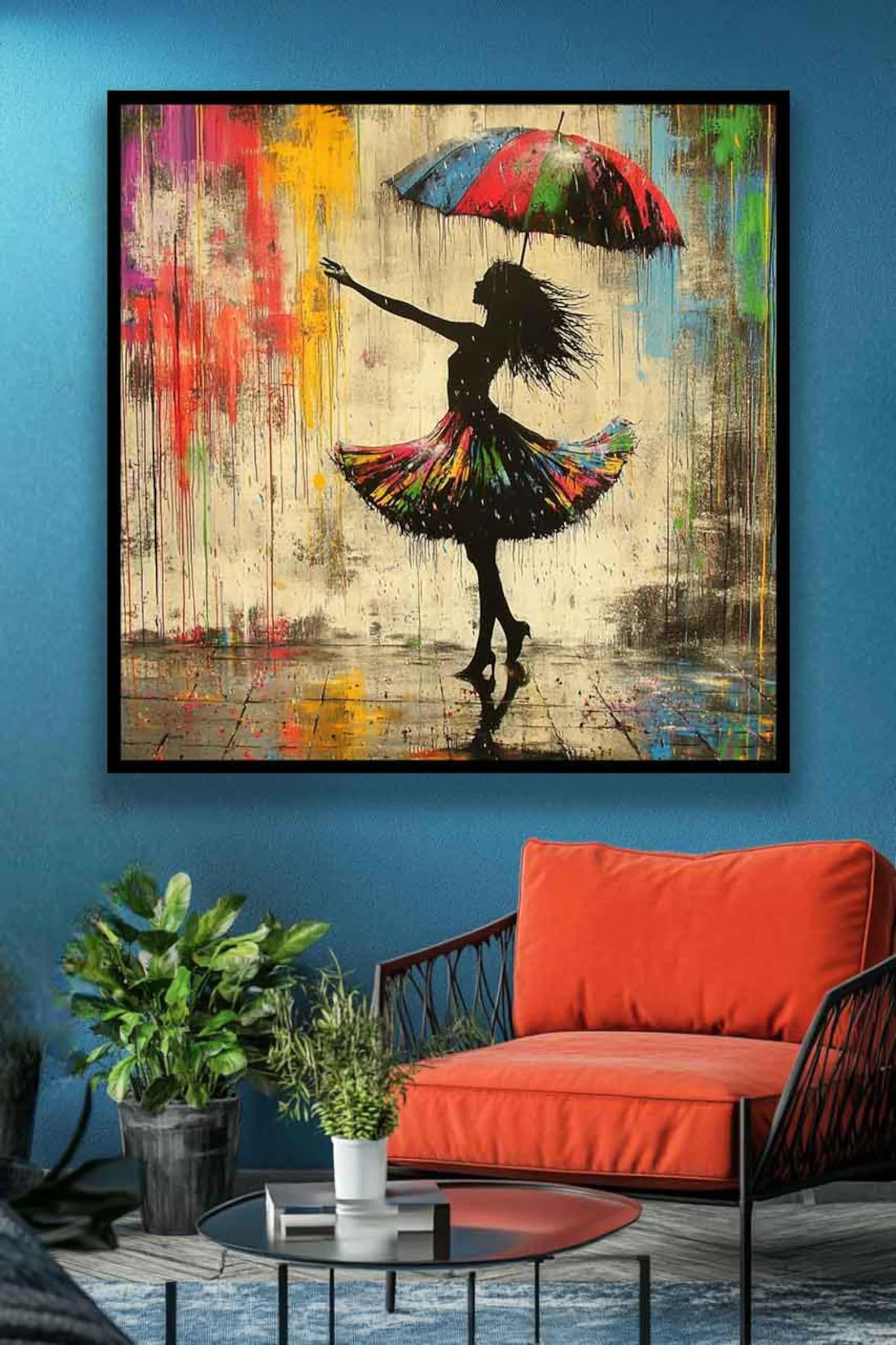 Banksy „Frau tanzt im Regen“ Poster auf Leinwand: Graffiti-Kunst Wanddeko Großformatige Graffiti-Kunst Zitate Wandbild Kunstdrucke (50x50cm/Innenrahmen)
