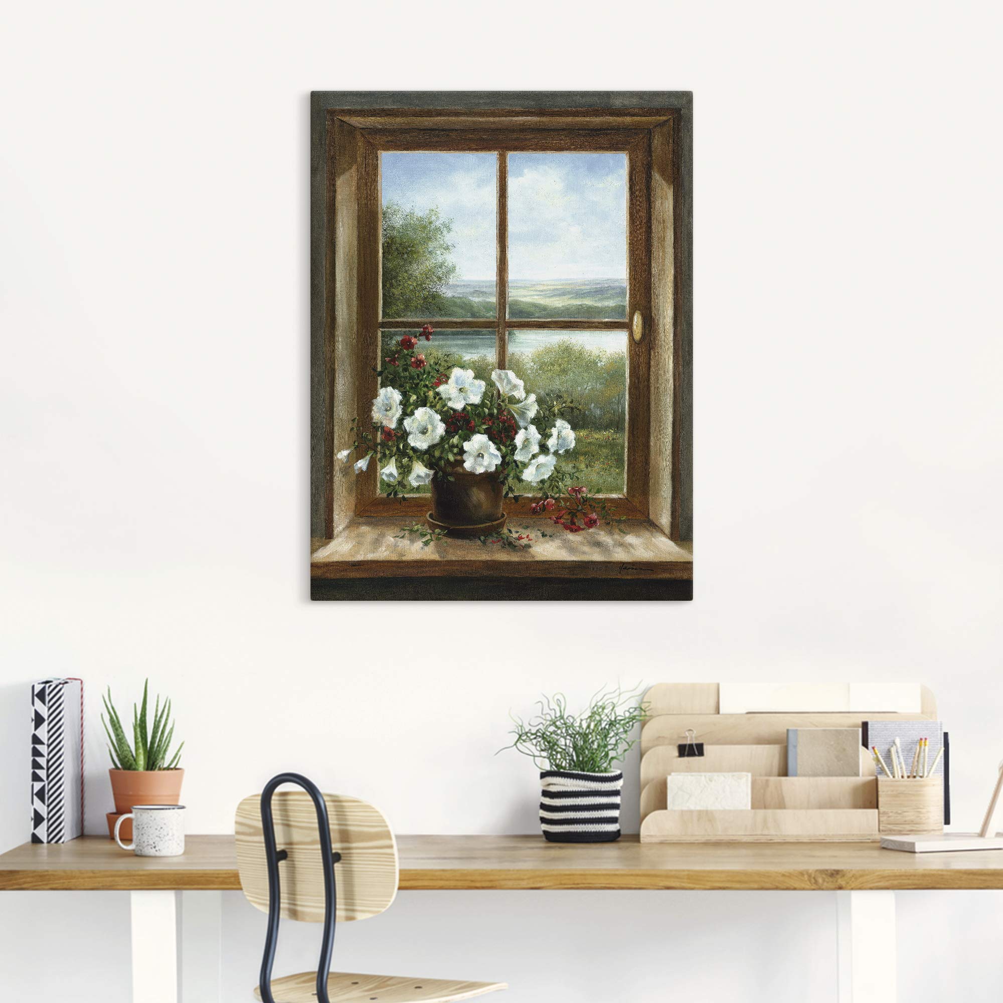 ARTLAND Wanddeko Leinwand Bilder Wandbild 60x80 cm Fensterblick Blumen Fenster Landschaft Natur Stillleben Botanik Kunst T5ZB