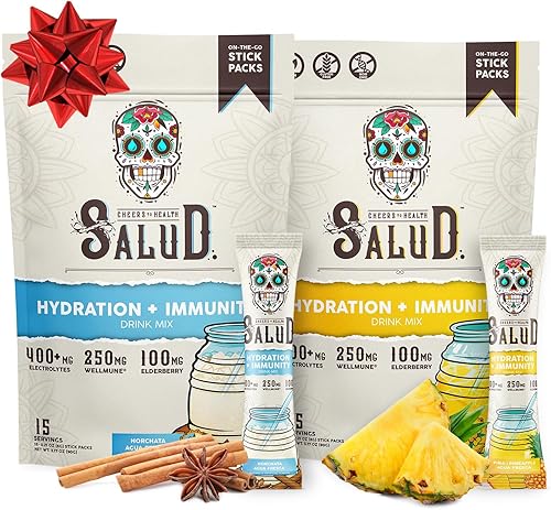 Salud - Paquete de 2 Hidratación 2 en 1 + inmunidad (horchata) e hidratación + inmunidad (piña) 15 porciones cada una, mezcla de bebida Agua