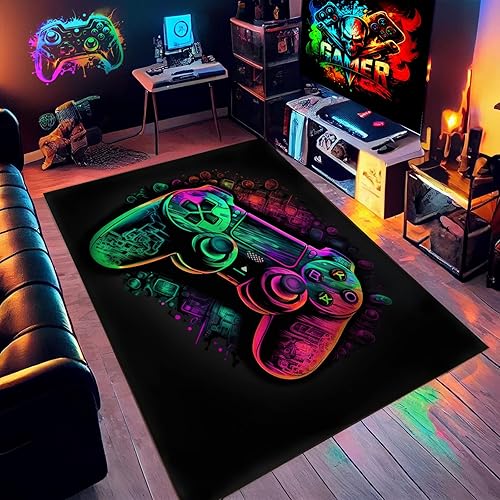 Gaming Area Rug with Colorful Game Controller Design, Small 36x24in, Style 6, Machine Made, Rectangular, Indoor, High Pile, Non-Slip Backing