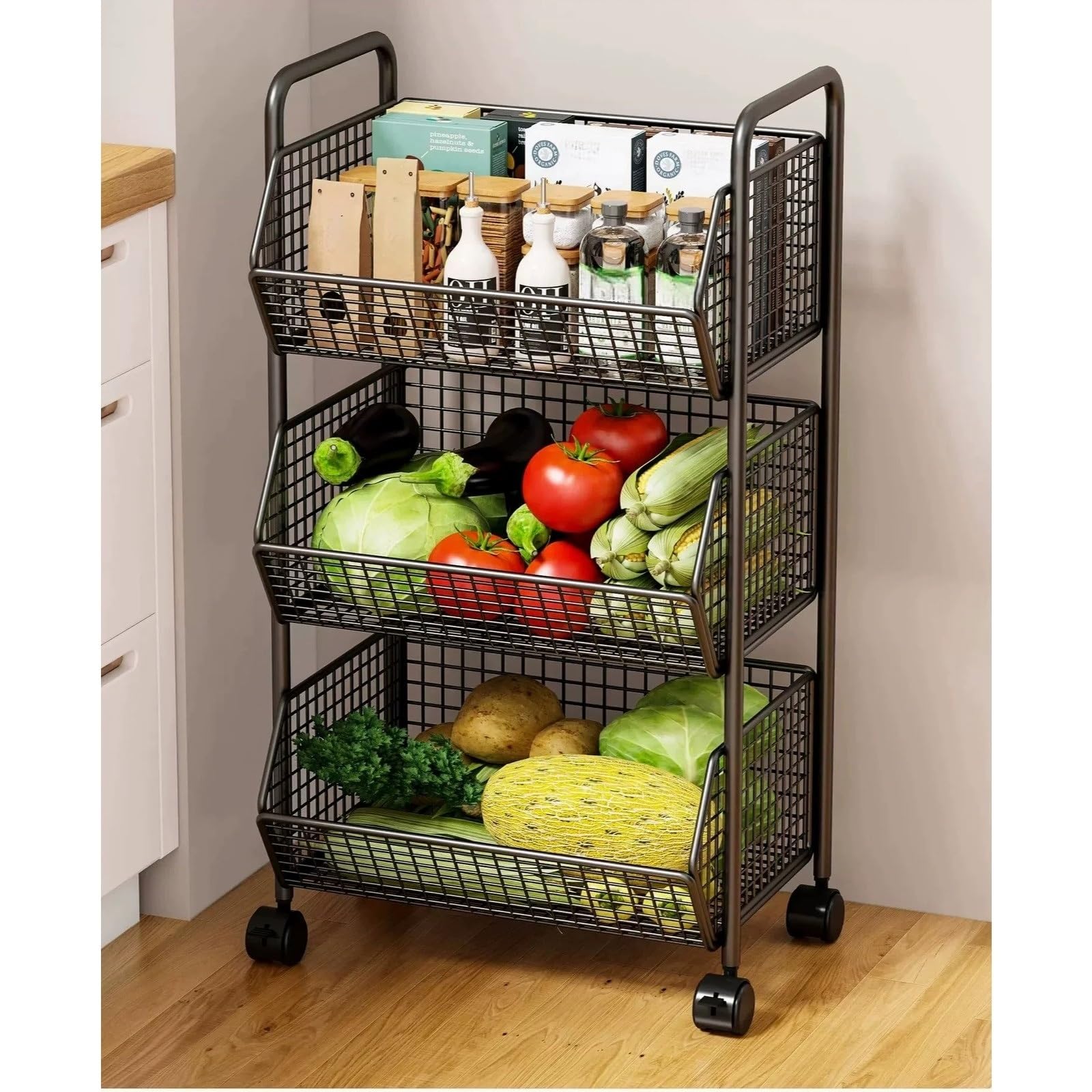 Carro de Almacenamiento Carro de Almacenamiento rodante 4 Niveles, Cesta Verduras móvil y Estante Organizador Juguetes(Negro)