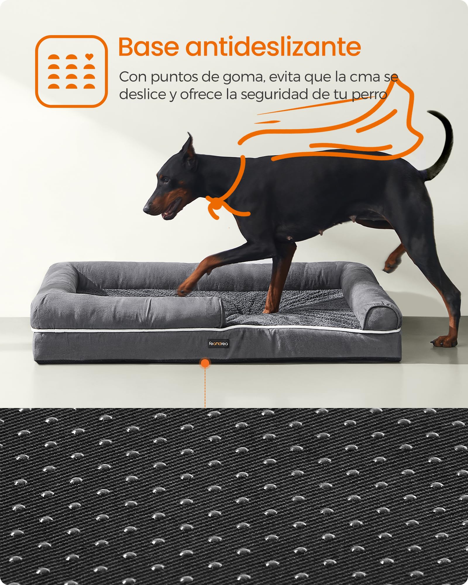Feandrea Cama Ortopédica para Perros, Sofá, Cama para Mascotas, Acolchado Suave, Bordes Elevados, Funda Extraíble y Lavable, 122 x 85 x 20 cm, Antideslizante, Gris Osucro PGW078G01