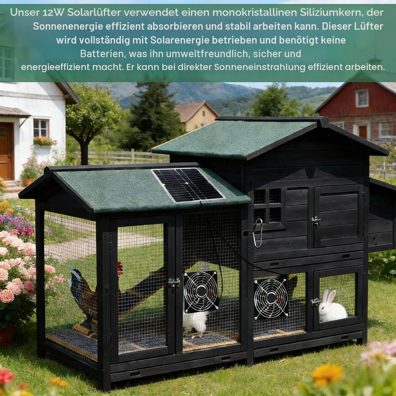 Solar Lüfter 12W, Solarpanel Fan Kit mit Doppelventilator, Wetterfest Solar Ventilator für Hühnerställe, Gewächshäuser, Schuppen & Haustierhäuser