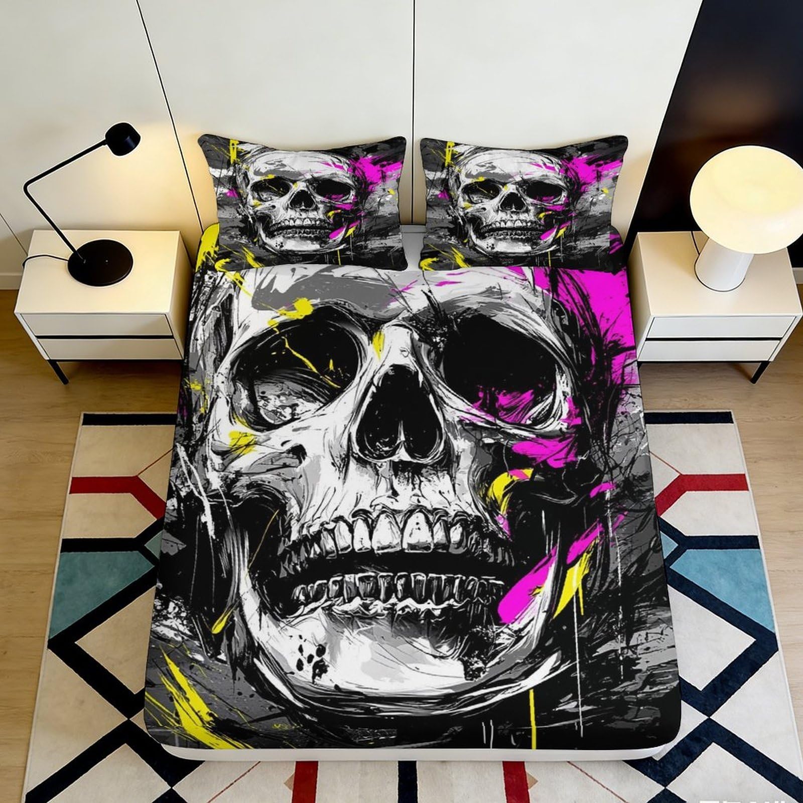 3D Printed Graffiti Skull Fitted Sheet Microfiber Deep Pocket Non-Slip for Bedroom Bedding Graffiti Skull Mattress Fitted Cover 90x200x25cm