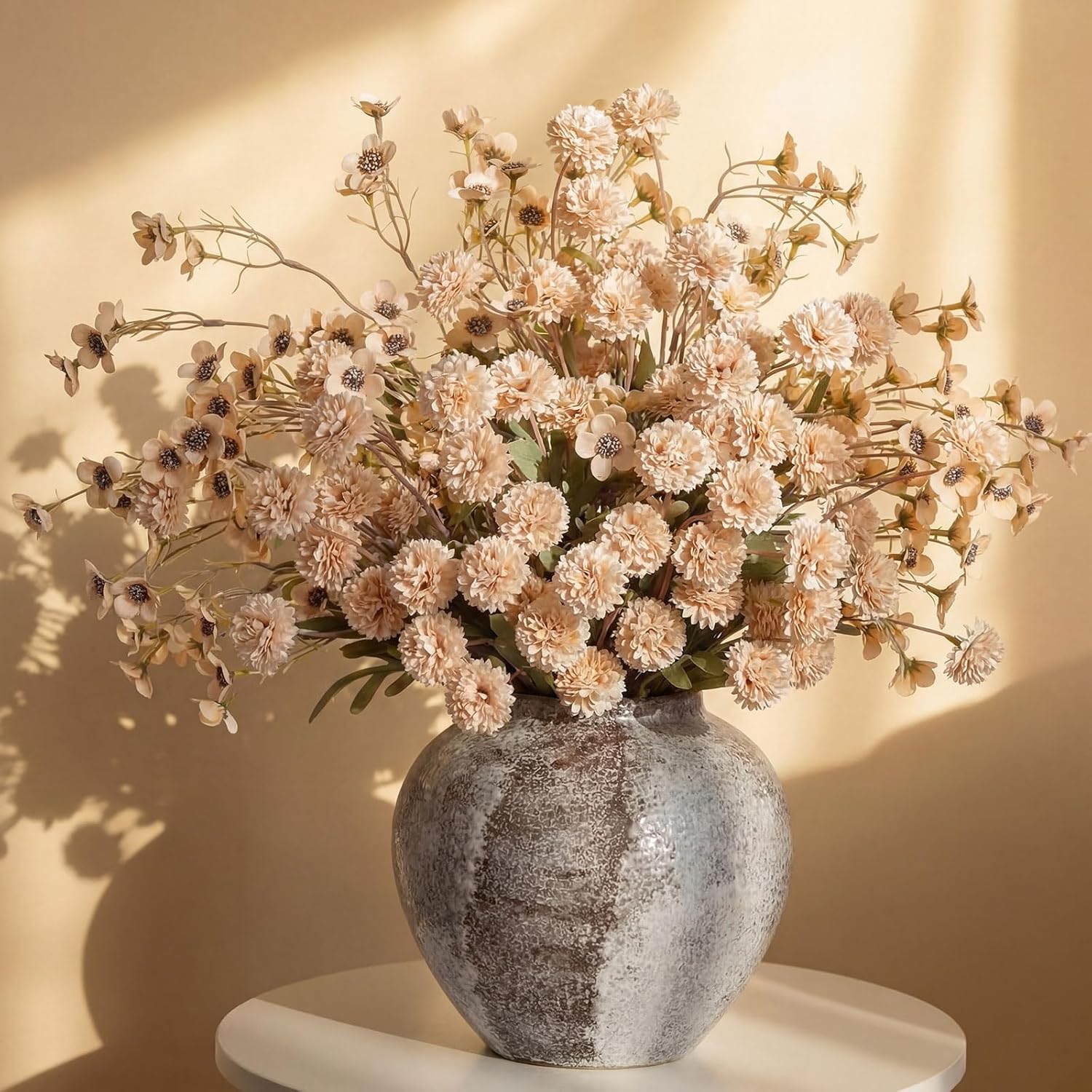 XunYee 12 Pcs Beige Artificial Chrysanthemum Flowers and 12 Wax Flowers, Faux Silk Mums with Flexible Stems Neutral Fake Kiku Pompon for Spring Easter Vase Floral Fillers Wedding Home Table Decor