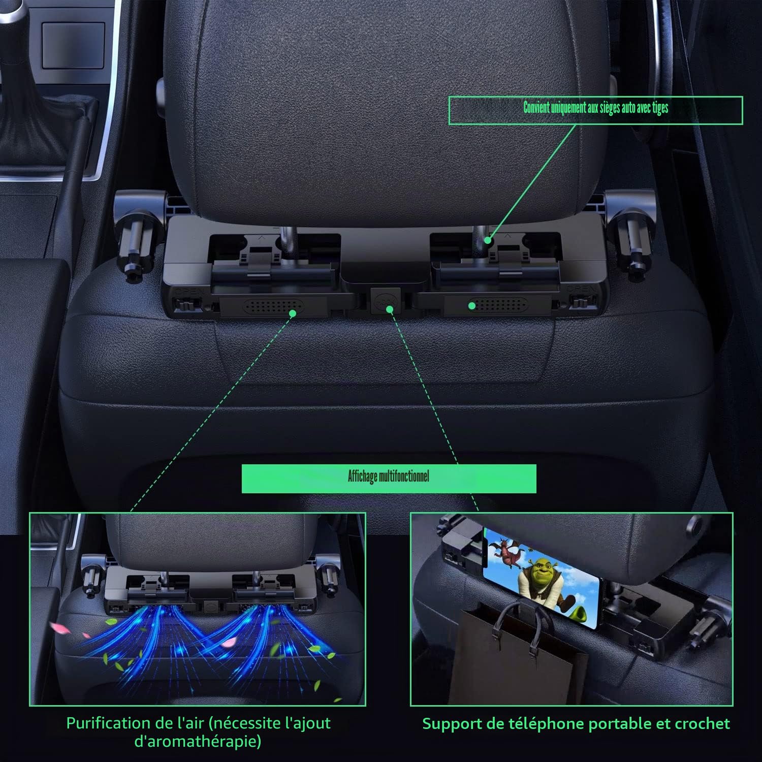 Repose Tete Voiture, Rétractable et Détachable Coussin de Siège de Voiture, Support de Tête Réglable pour Siège de Voiture avec Mousse à Mémoire de Forme, pour Enfants et Adultes(Noir)