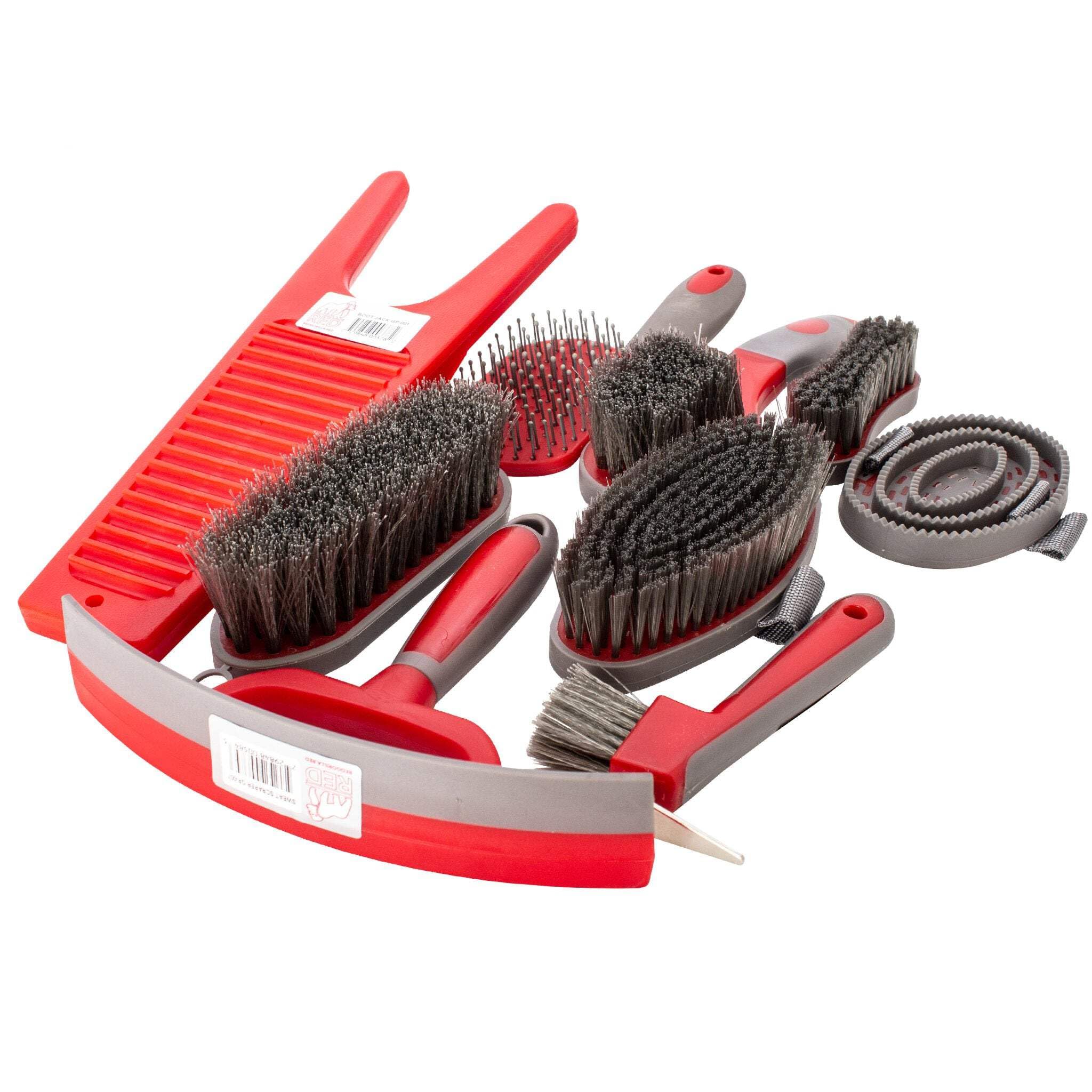 Red Gorilla Red Grey Horse Grooming Kit 8 Piece Equestrian Care Set 4 Brushes Sweat Scraper Curry Comb Hoof Pick Boot Jack