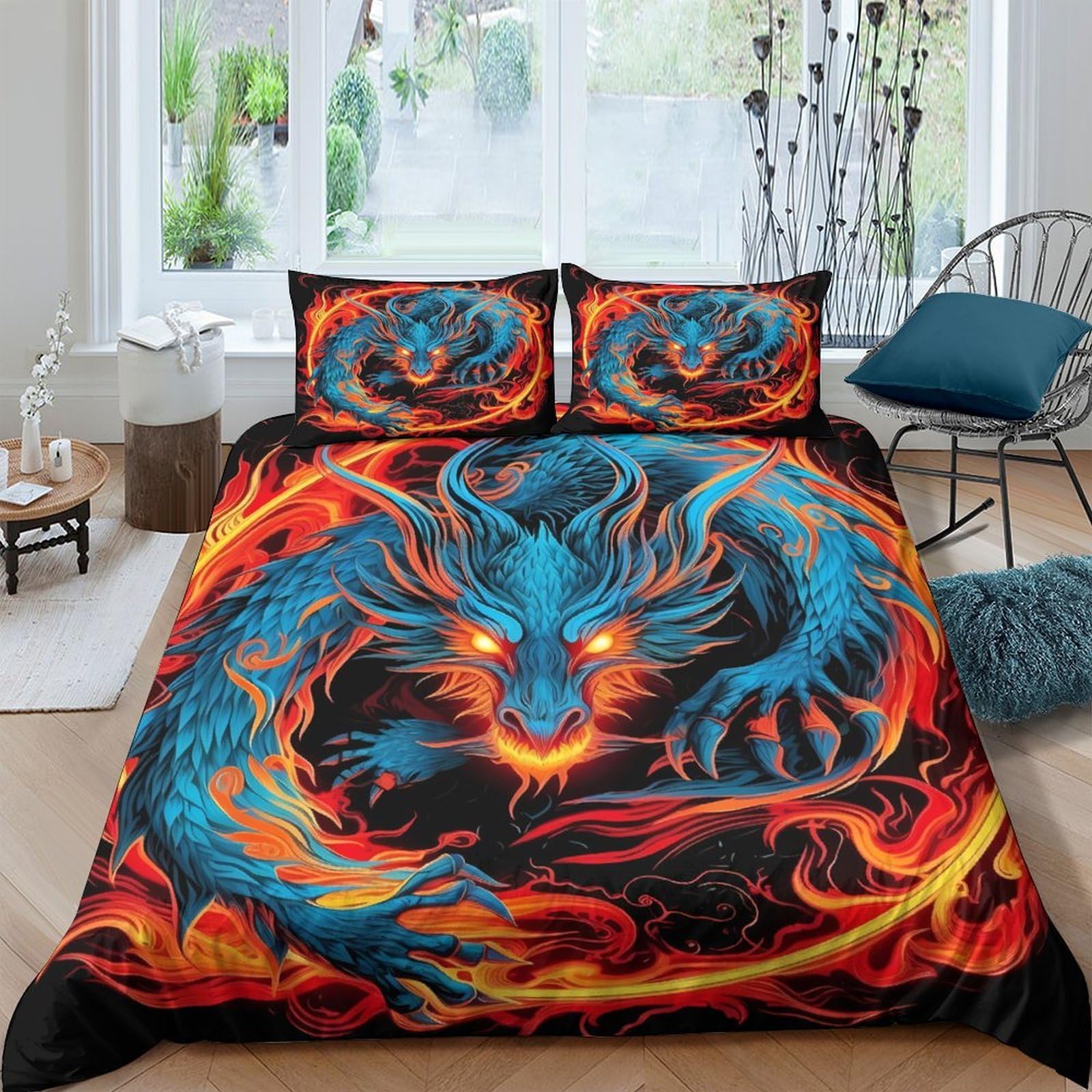 Ctjqhvkz Style-2 3D Printed Blue Flame Dragon Fitted Sheet Microfiber Non Slip Bed Cover For Bedroom Dorm Mattress Decor Single（135X200cm）