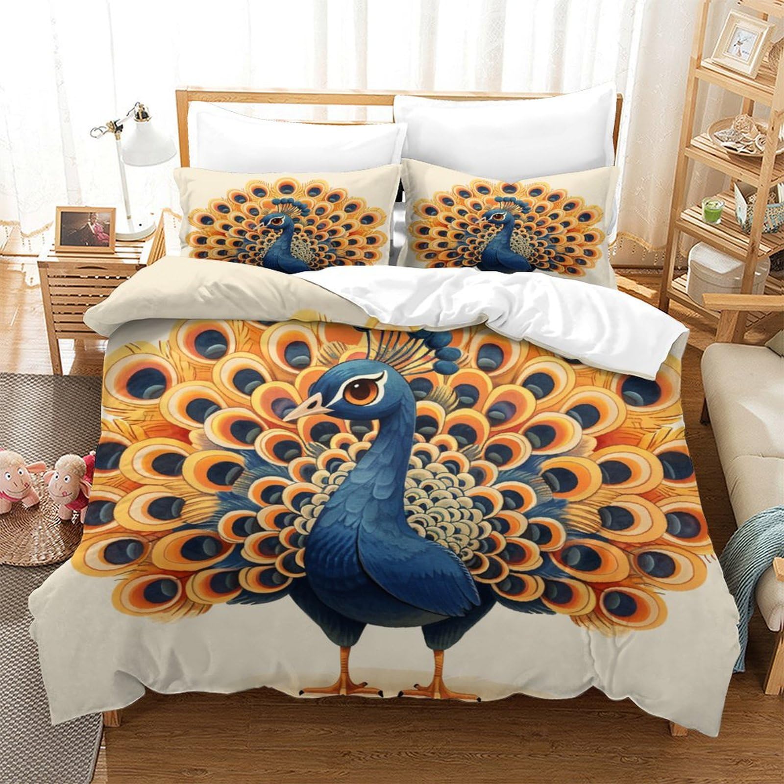 Housse de couette paon en microfibre anti-plis 140x200 avec fermeture éclair
