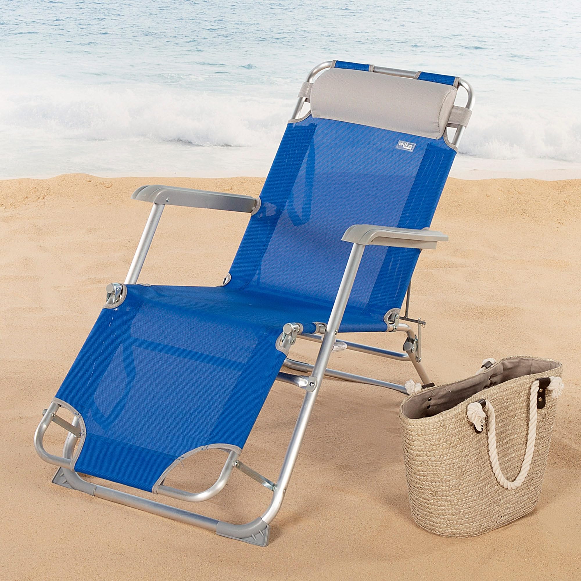 AKTIVE 62300 - Tumbona plegable y reclinable Azul con cojín, 3 posiciones, de aluminio y textileno, Medidas: 47x95x80 cm, Peso máx. soportado 110Kg, Tumbonas plegables para playa, terraza y camping