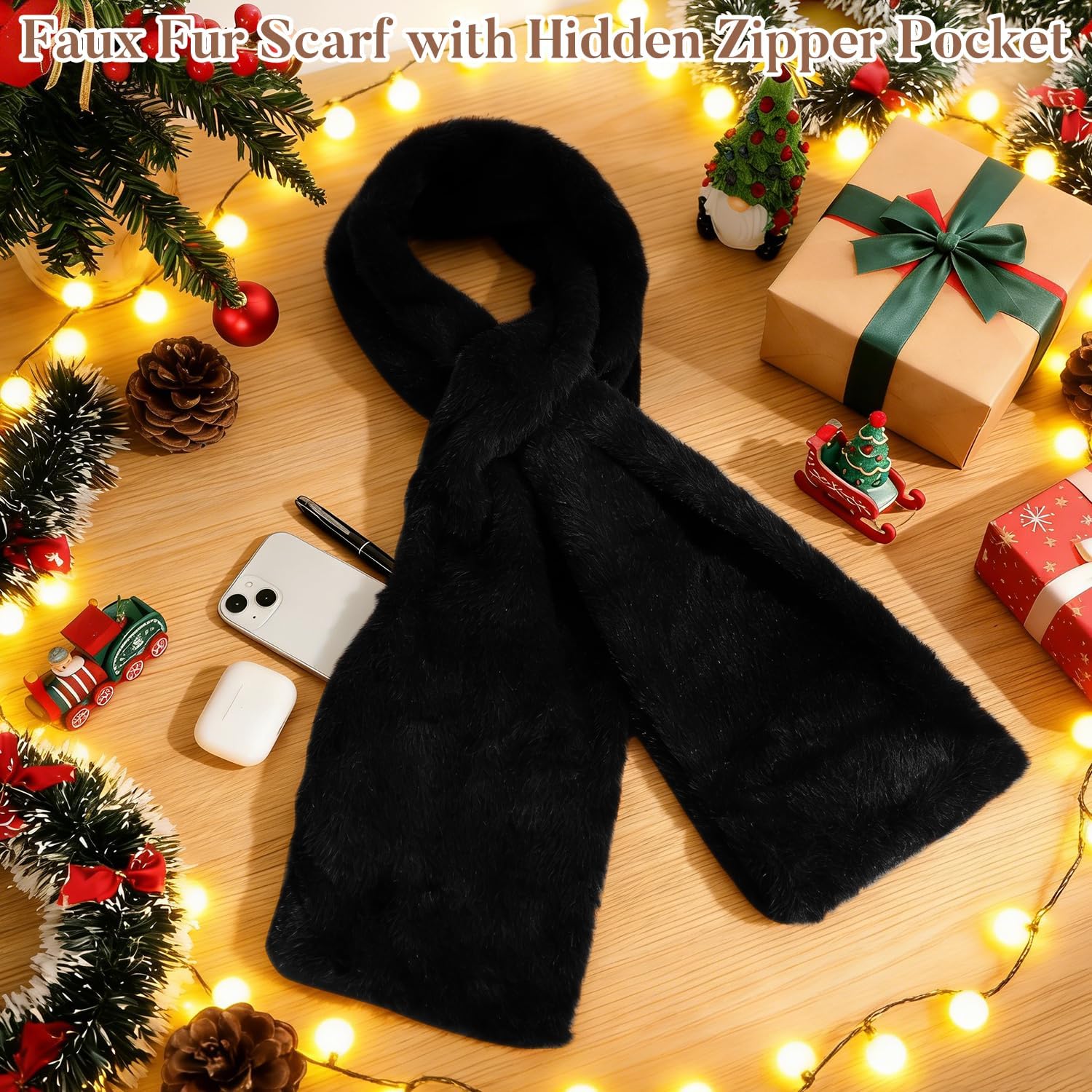 Faux-Fur Pull Through Scarf With Hidden Zipper Pocket, Fur Neck Collar Scarf Cozy Wrap, Women Travel Neck Wrap - Image 3