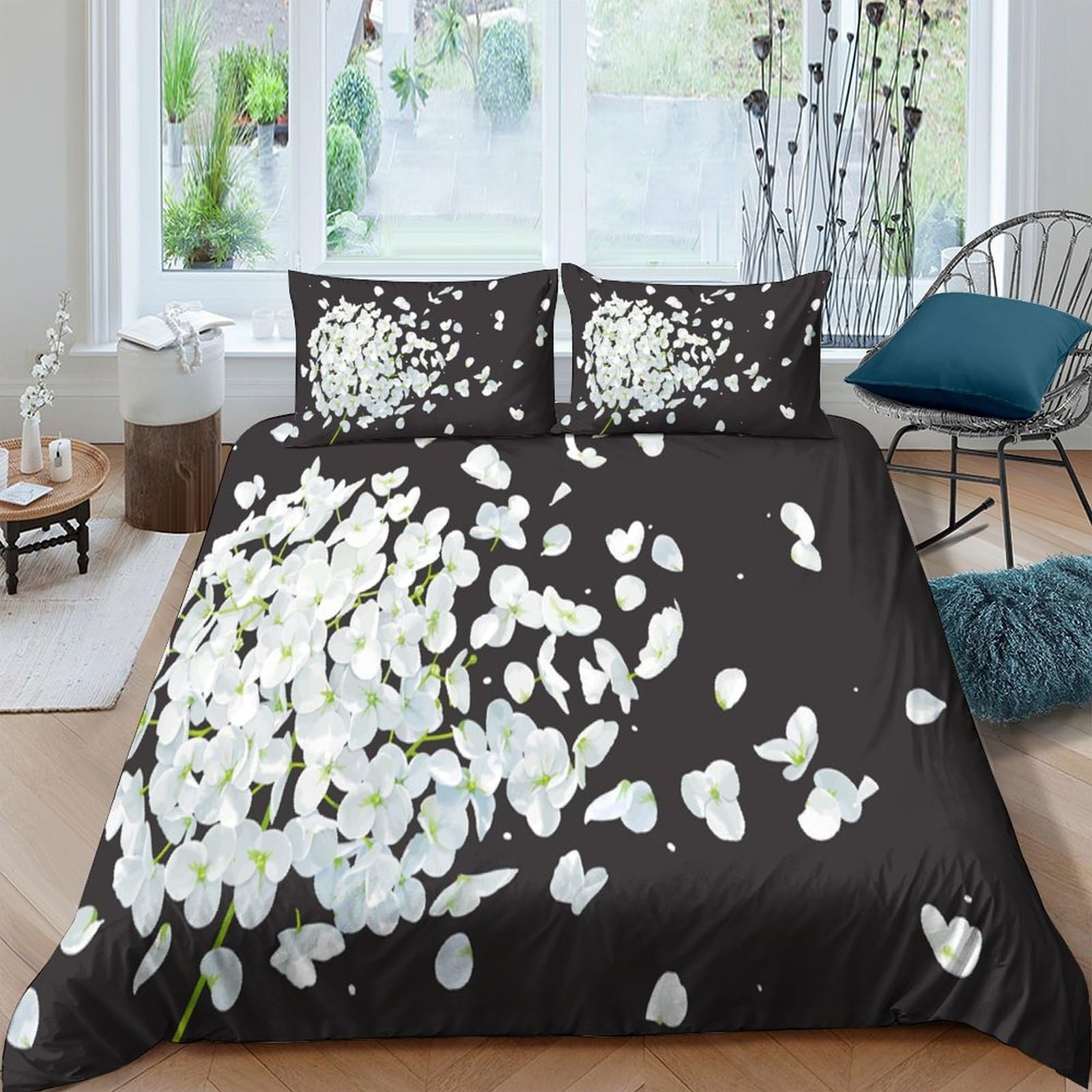Ctjqhvkz Style-10 3D Printed White Hydrangea Fitted Sheet Microfiber Soft Black Floral Petal Mattress Cover For Bedroom Guest Room Decor Single（135X200cm）