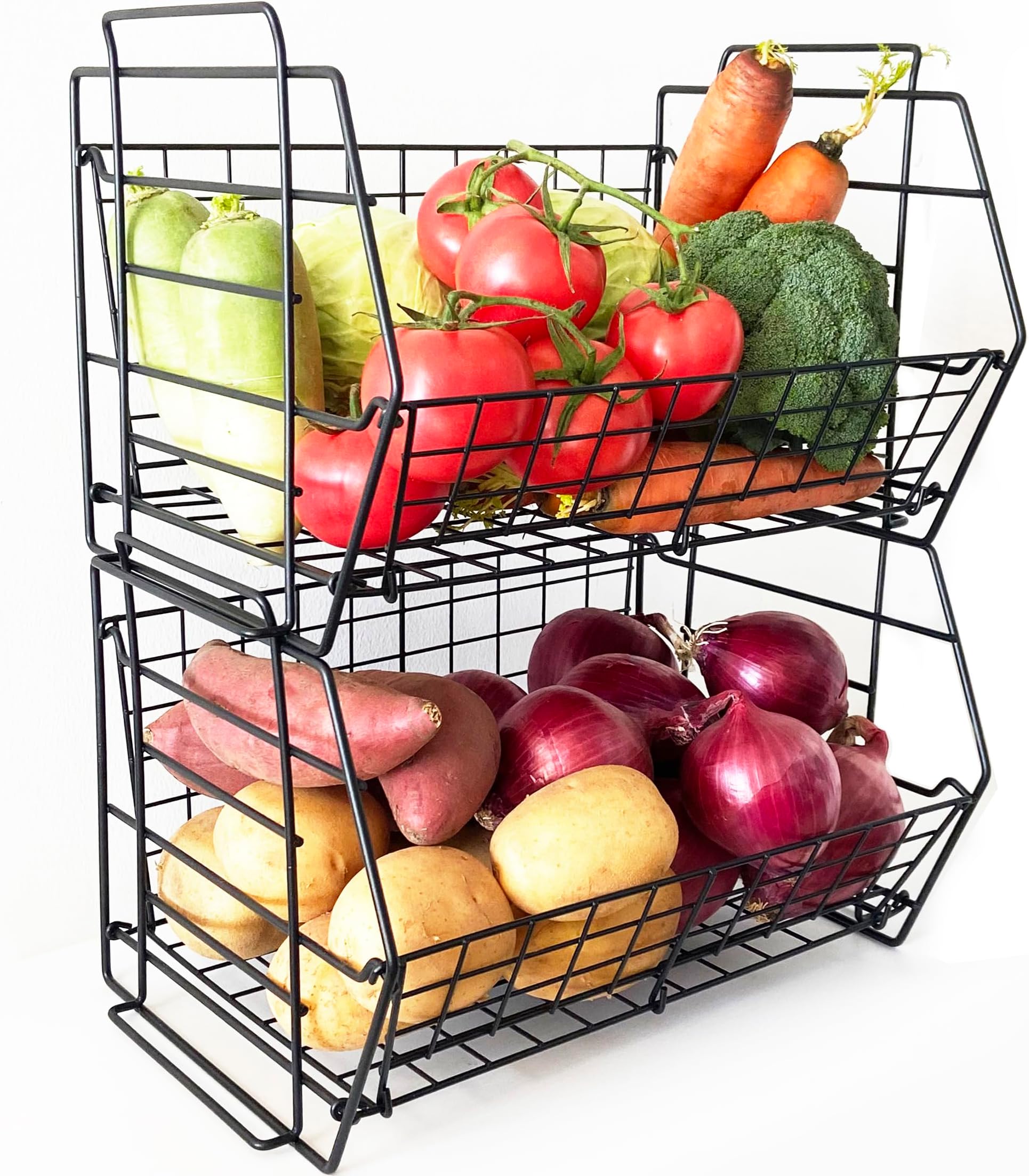 Stacking Produce Basket Potato Onion Storage Bin - Large Stackable 2 Tier Wire Pantry Organizers Fruit Vegetable Garlic Floor Stand - Counter Top Metal Shelf Snack Canned Veggies Holder