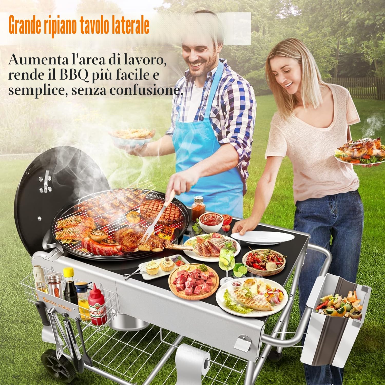 GFTIME Tavolo da Grill in Acciaio Inox Carrello da Grill per Weber 47 cm & 57 cm Original Kettle, Premium, Master Touch, Jumbo Joe Barbecue a Carbonella, Performer Barbecue a Carbonella con Supporto