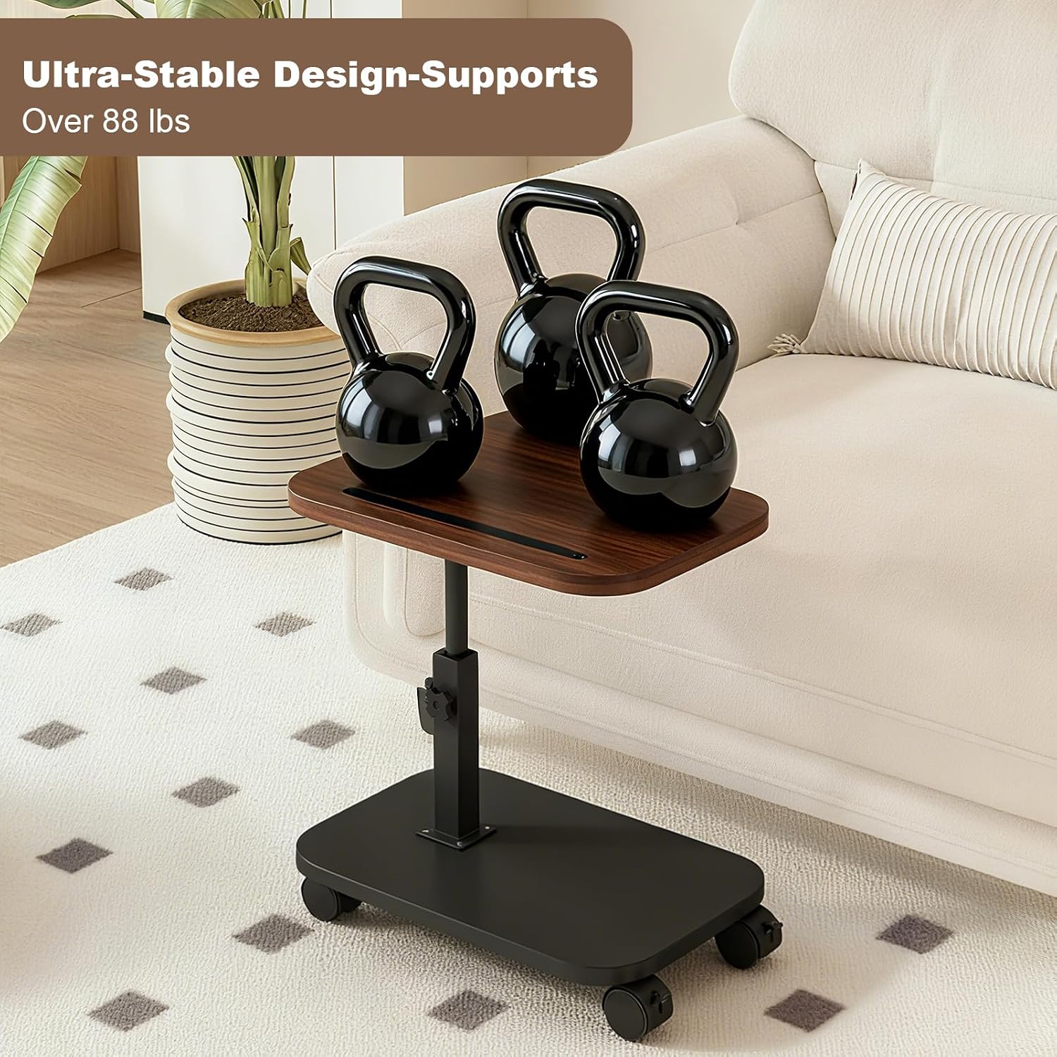 Adjustable Height TV Tray Table with Wheels, C Shaped End Side Table & Phone Tablet Slot, Swivel Snack Stand for Couch, Sofa, Bed,Living Room, Laptop Use in Small Spaces (Walnut)