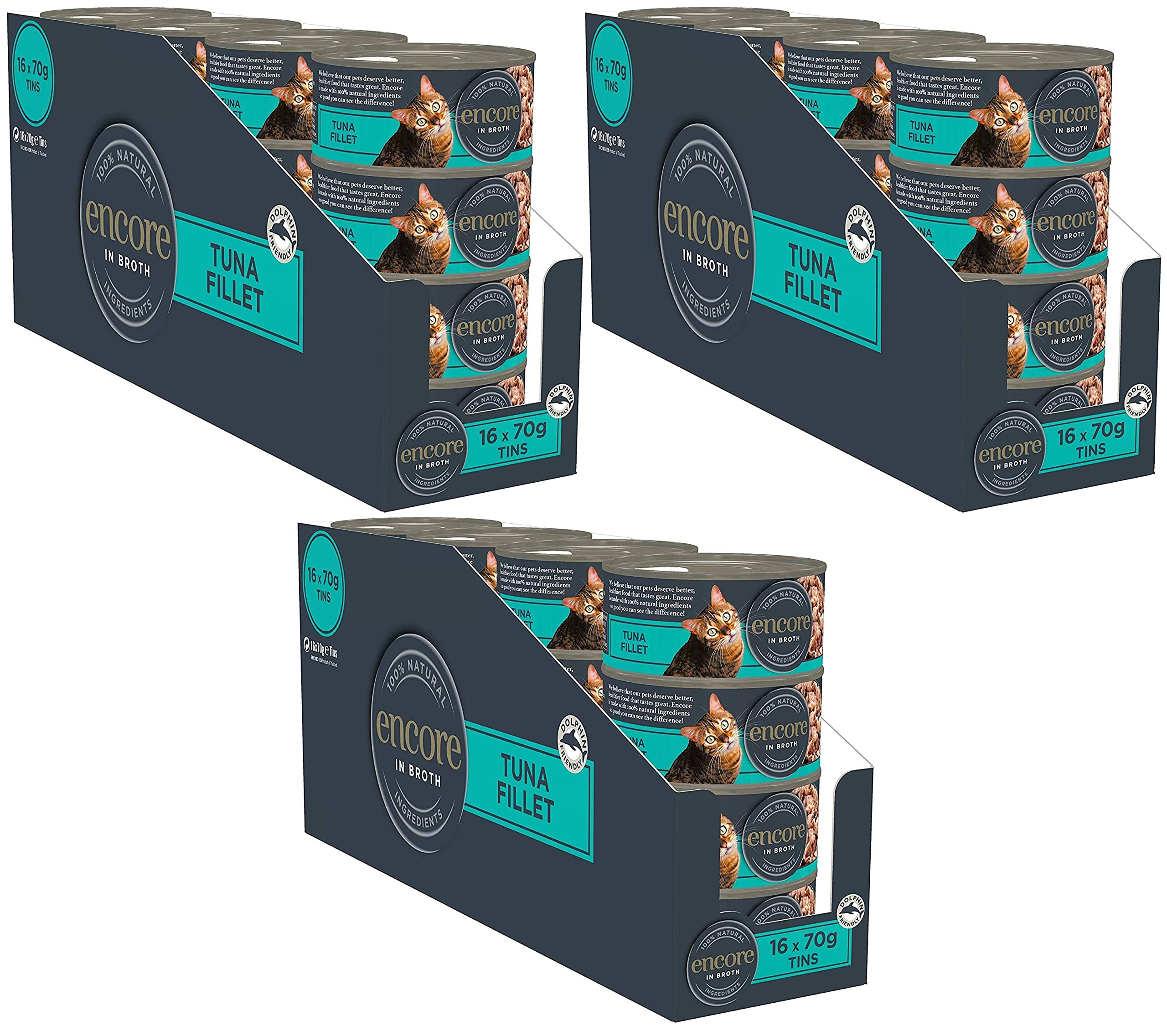 Encore 100% Natural Wet Cat Food, Tuna Fillet in Broth, 70g Tin Pack of 16 x 3 (48 Total)