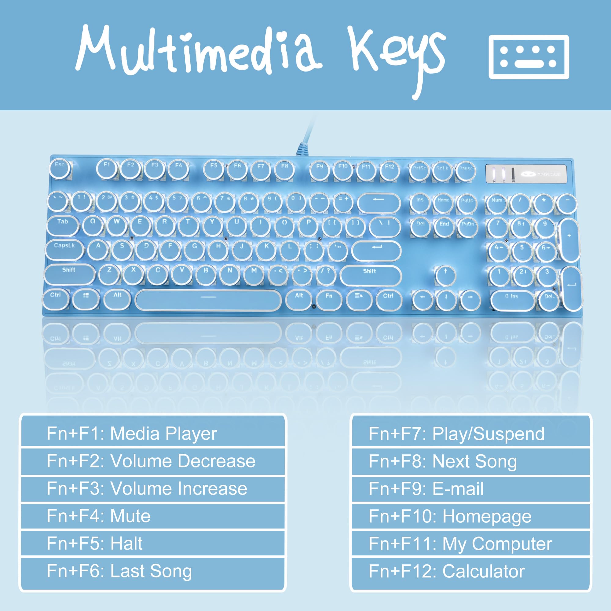 Camiysn Typewriter Style Mechanical Gaming Keyboard, Black Retro Punk Gaming Keyboard with RGB Backlit, 104 Keys Blue Switch Wired Cute Keyboards, Round Keycaps for Windows/Mac/PC