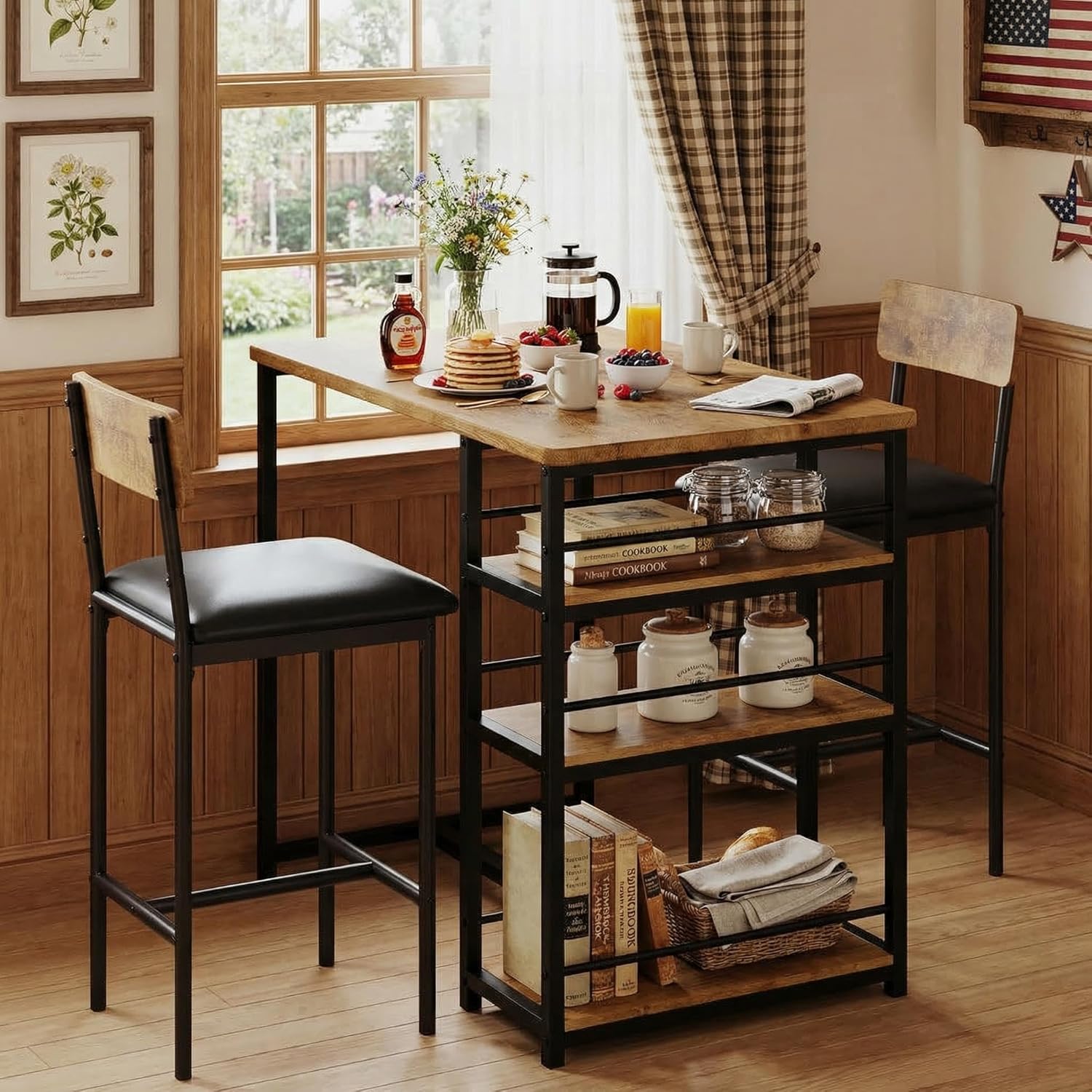 GarveeHome Dining Table Set for 2, Counter Height Kitchen Table with 2 Upholstered Bar Stools, Dining Table and Chairs Set with Storage Shelves, for Small Space, Apartment, Studio, Retro Brown