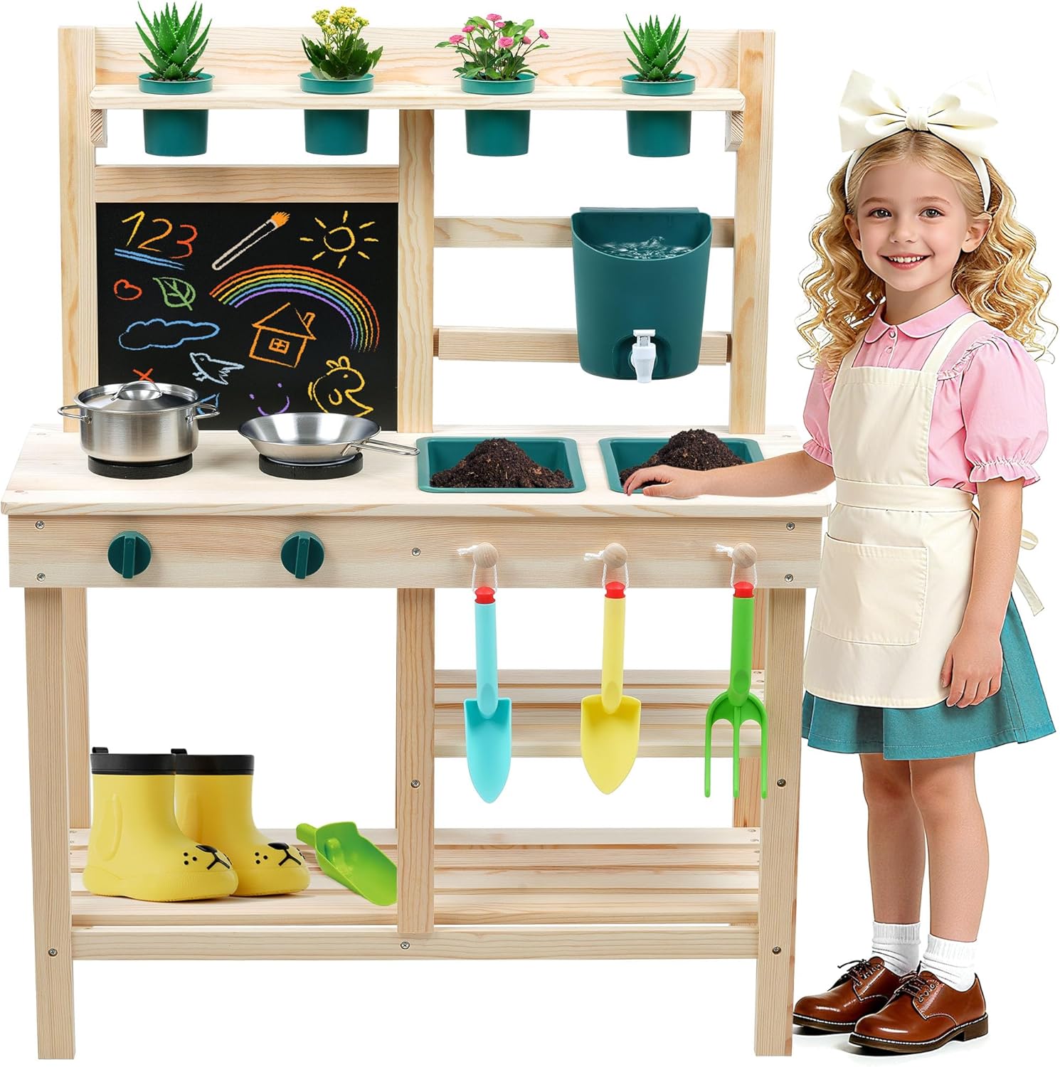 Kids Mud Kitchen Toy, Cedar Wood Outdoor Kitchen with Removable Sink, Planting Area, Simulated Stove, Double-Sided Chalkboard, and Storage Space | Backyard Role-Play Toy | Ages 3+ - Amazon product rated Grade B