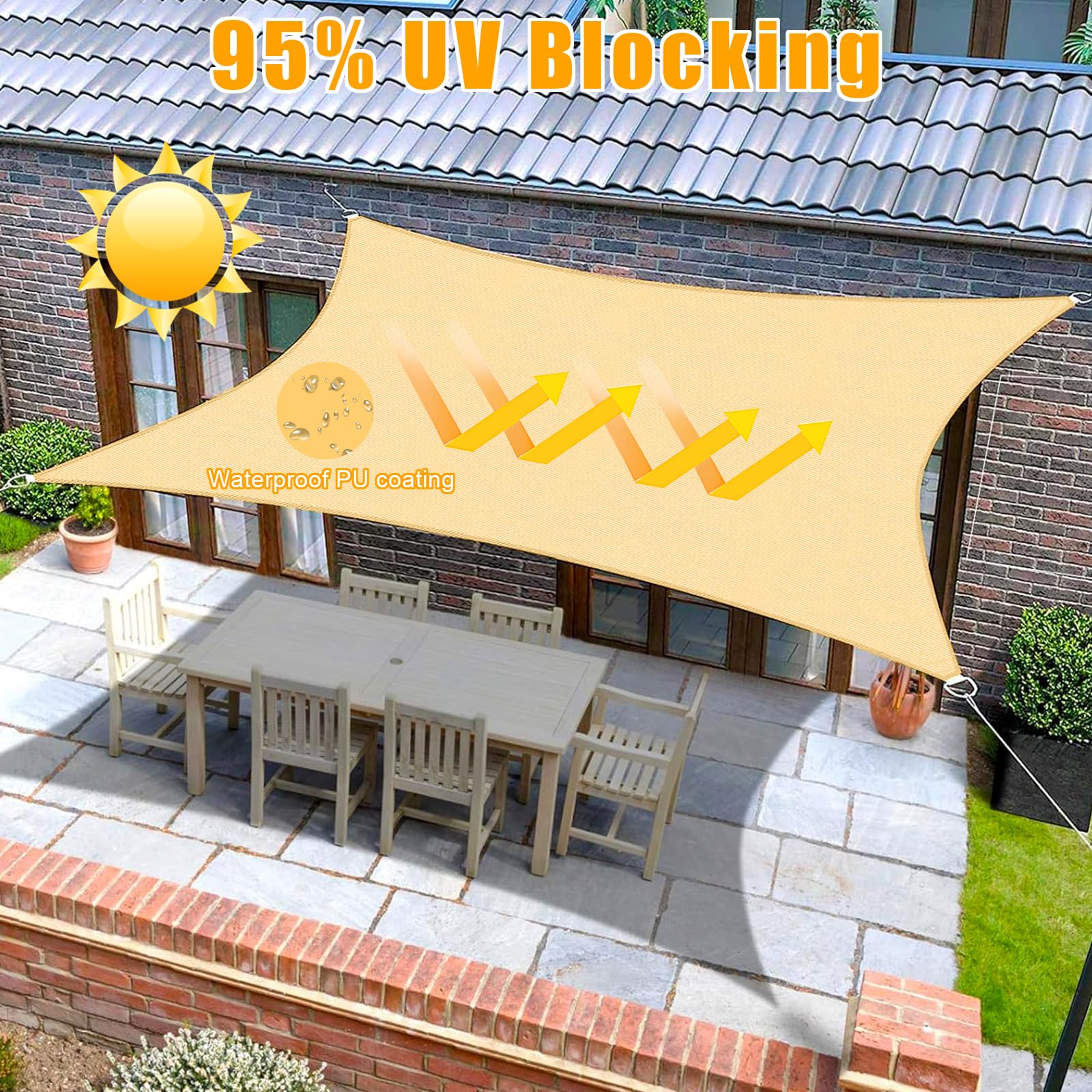 Telo Ombreggiante Impermeabile, Con Kit Fissaggio, Tenda a Vela Impermeabile Rettangolare 2,5x3m Vela Ombreggiante Parasole Protezione Raggi UV per Esterno Giardino terrazza Colore Beige