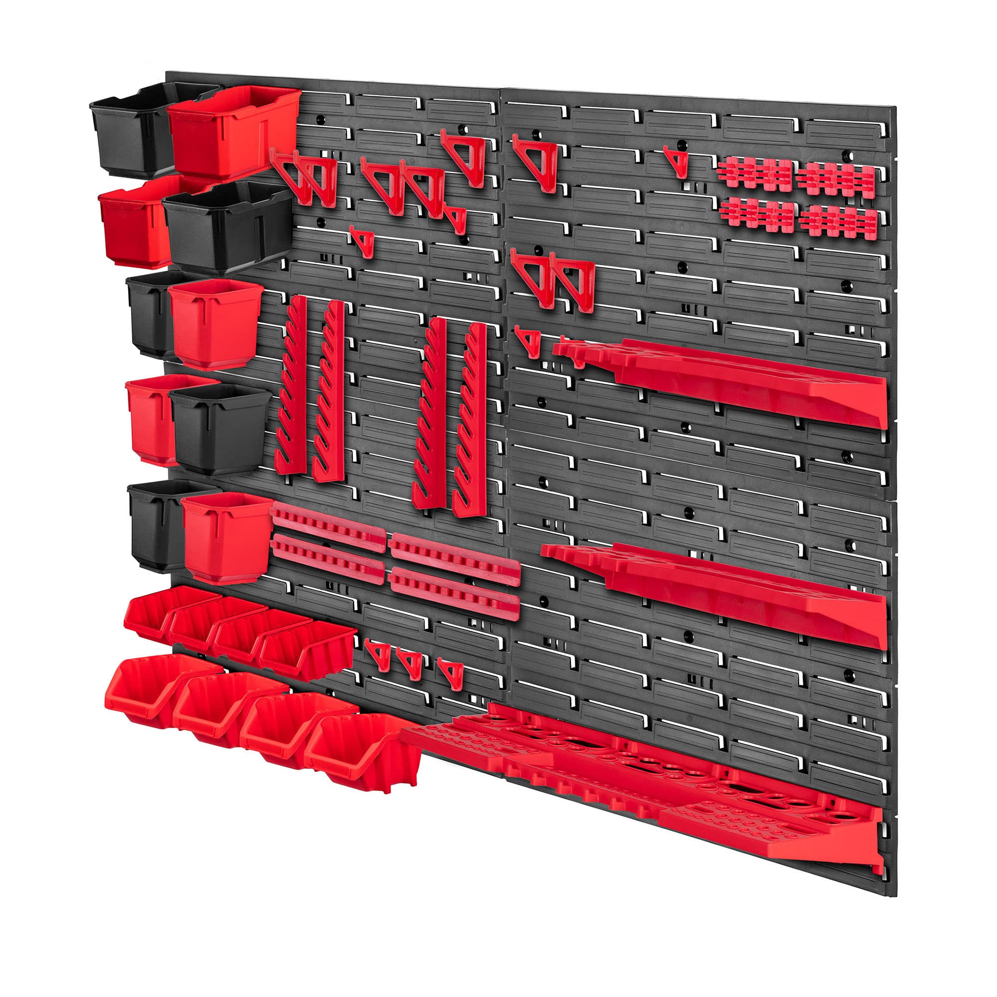 KADAX Étagère murale d'atelier, 116 x 78 cm, Système de rangement en plastique robuste, Étagère d'atelier résistante aux UV, Plaques murales extensibles, Étagère à glissière pour garage, (Rouge, 61